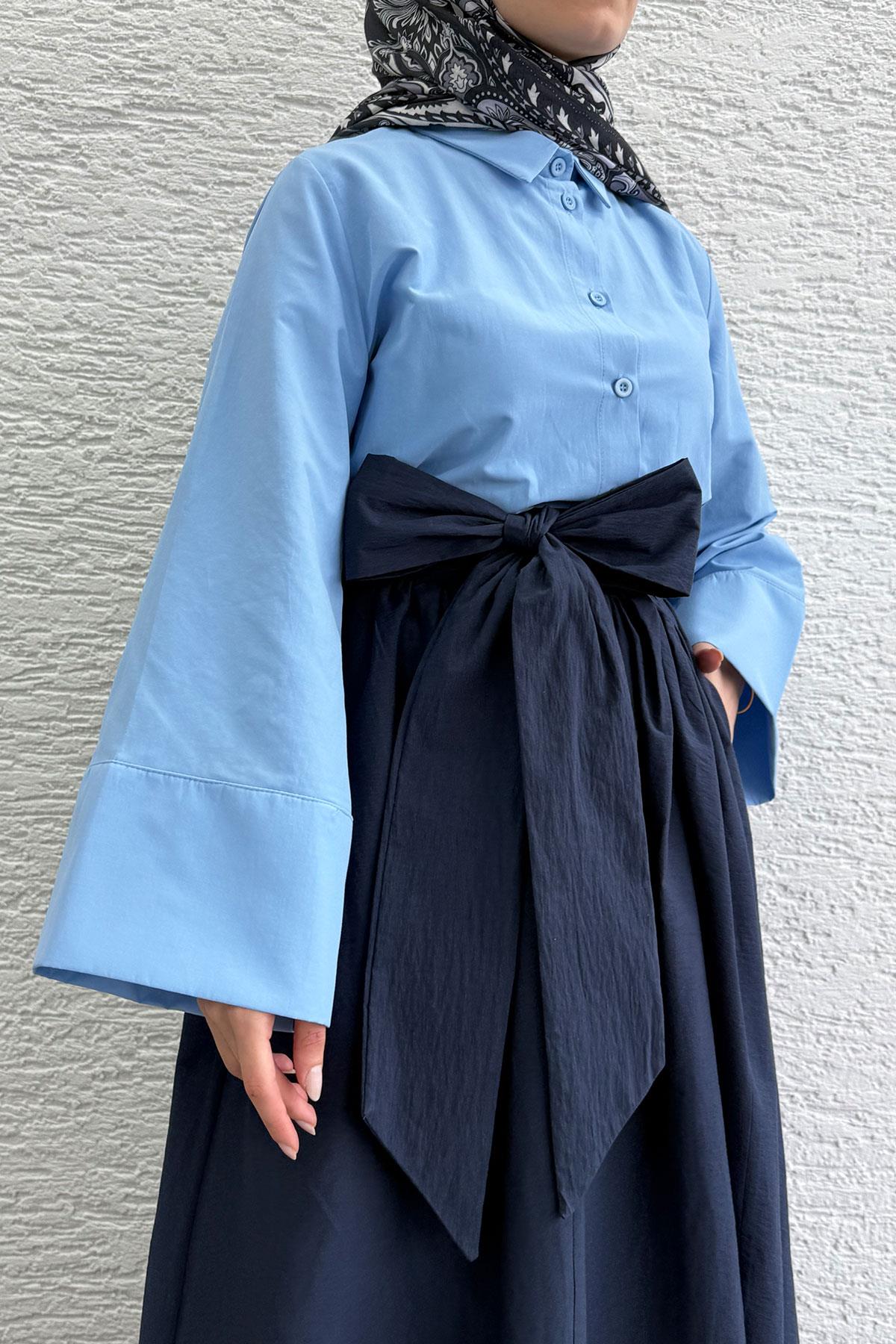 Minimalist Oversize Yarasa Kol Poplin Kadın Gömlek - Mavi
