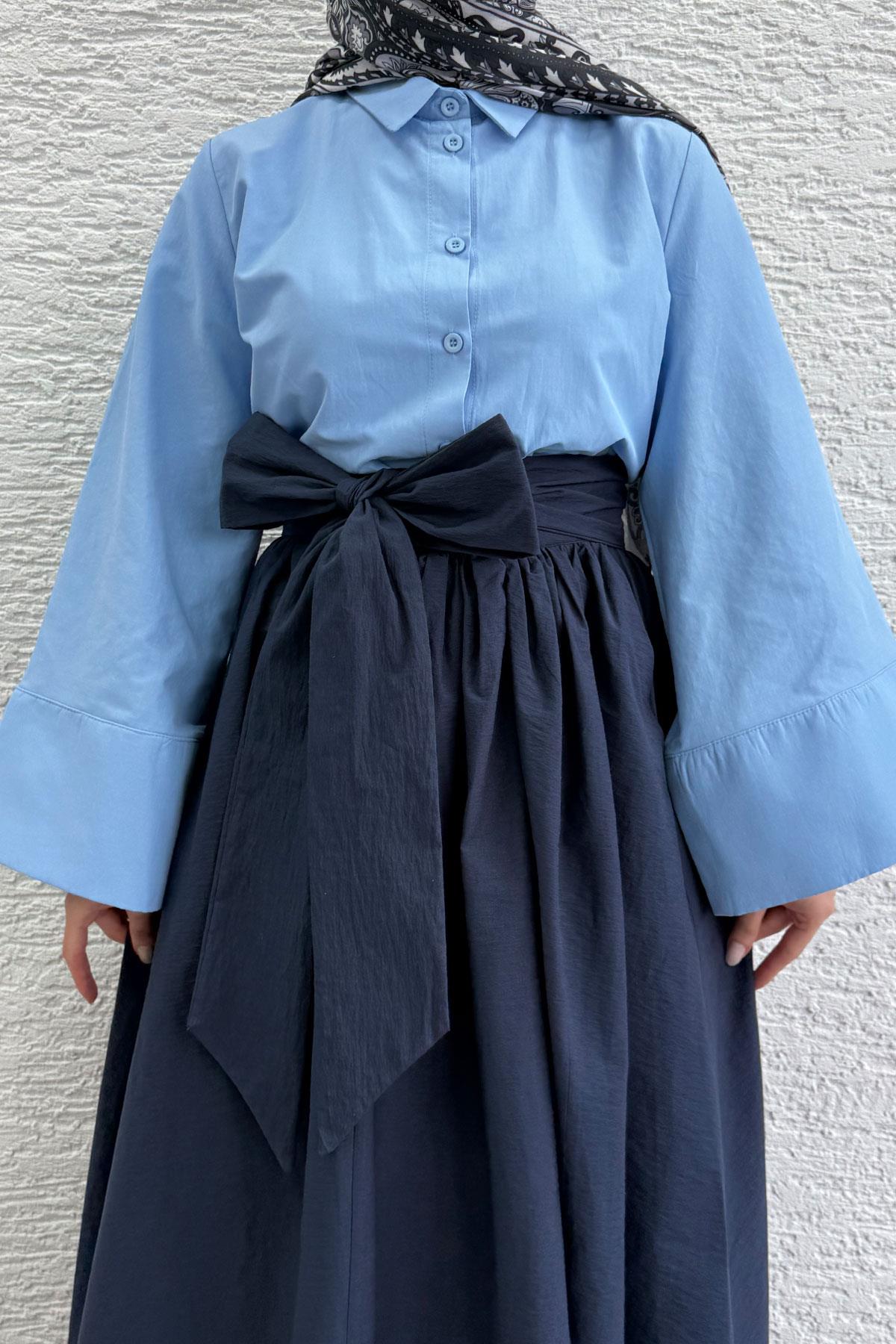 Minimalist Oversize Yarasa Kol Poplin Kadın Gömlek - Mavi