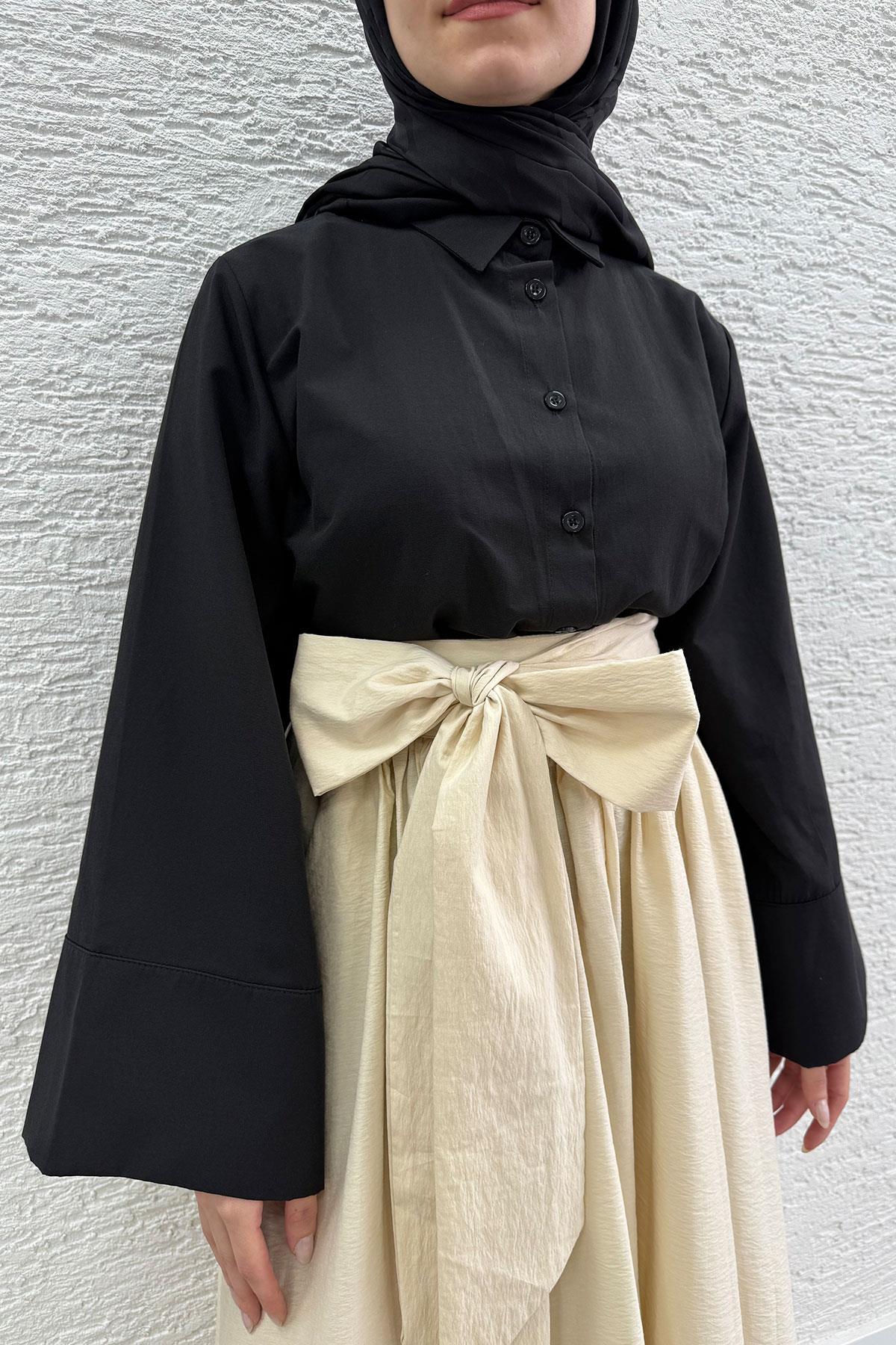 Minimalist Oversize Yarasa Kol Poplin Kadın Gömlek - Siyah