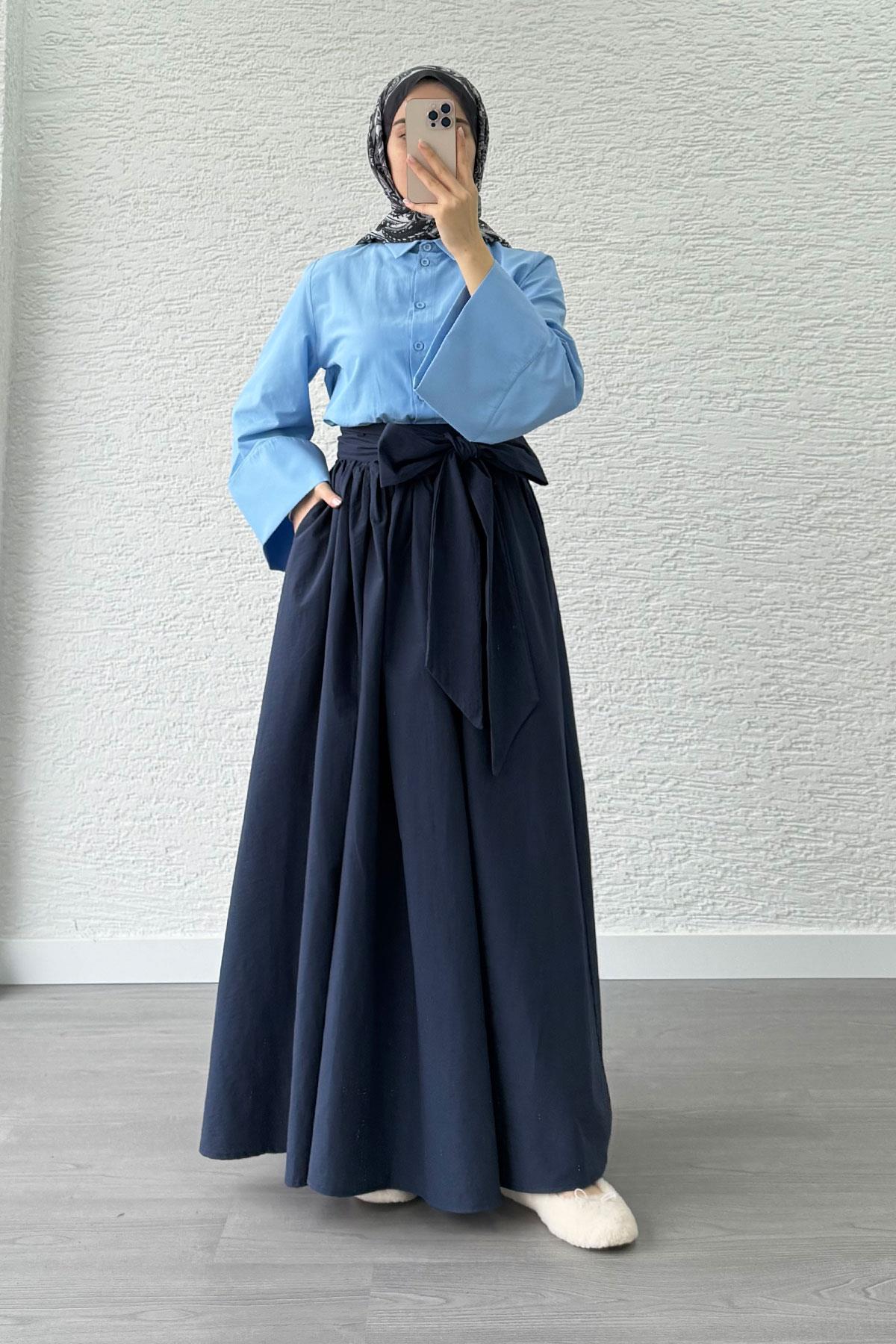 Minimalist Oversize Yarasa Kol Poplin Kadın Gömlek - Mavi