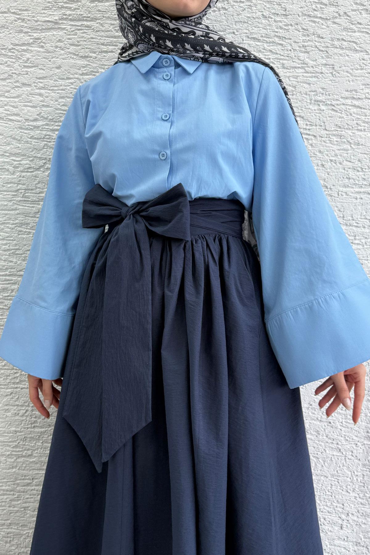 Minimalist Oversize Yarasa Kol Poplin Kadın Gömlek - Mavi