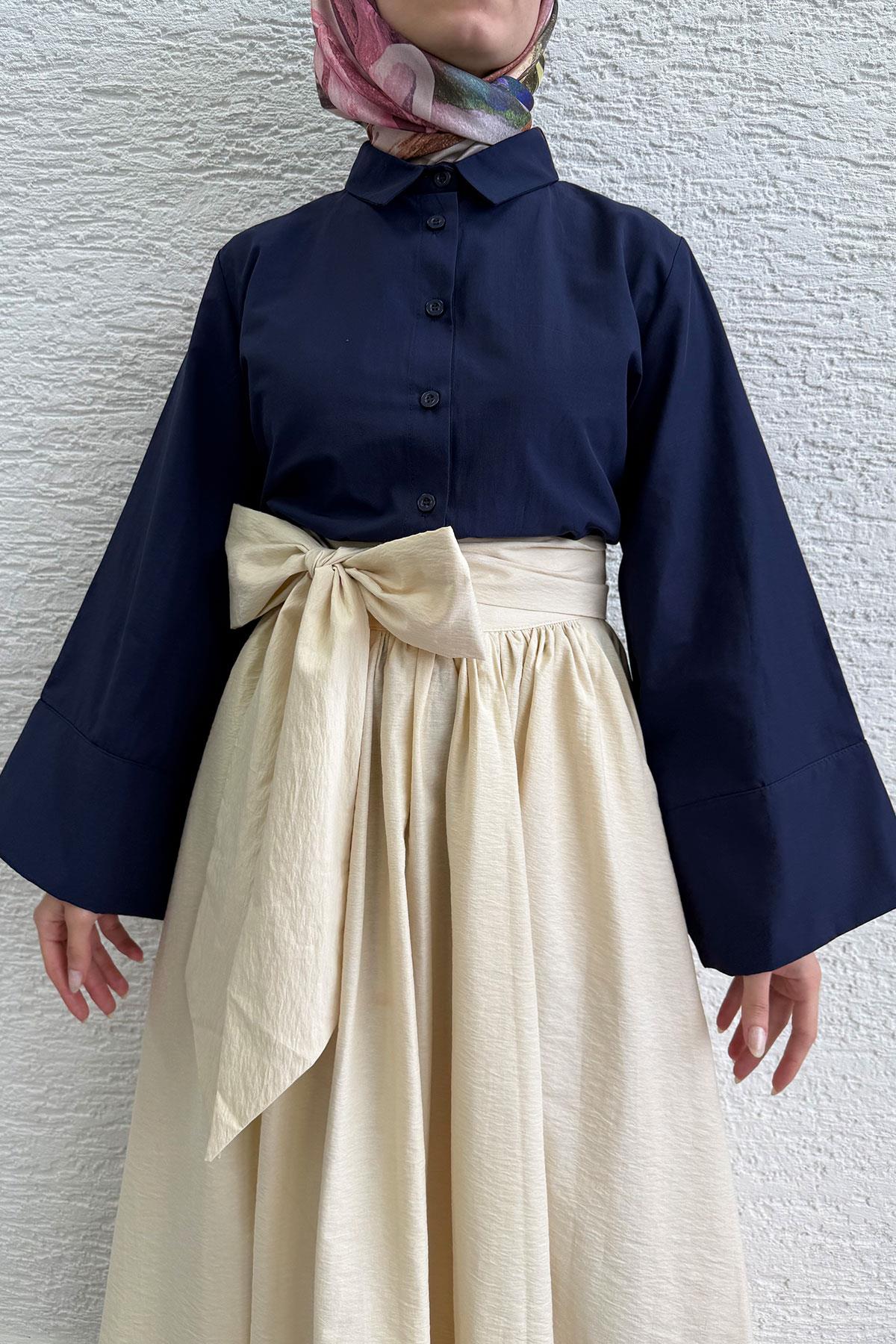 Minimalist Oversize Yarasa Kol Poplin Kadın Gömlek - Lacivert