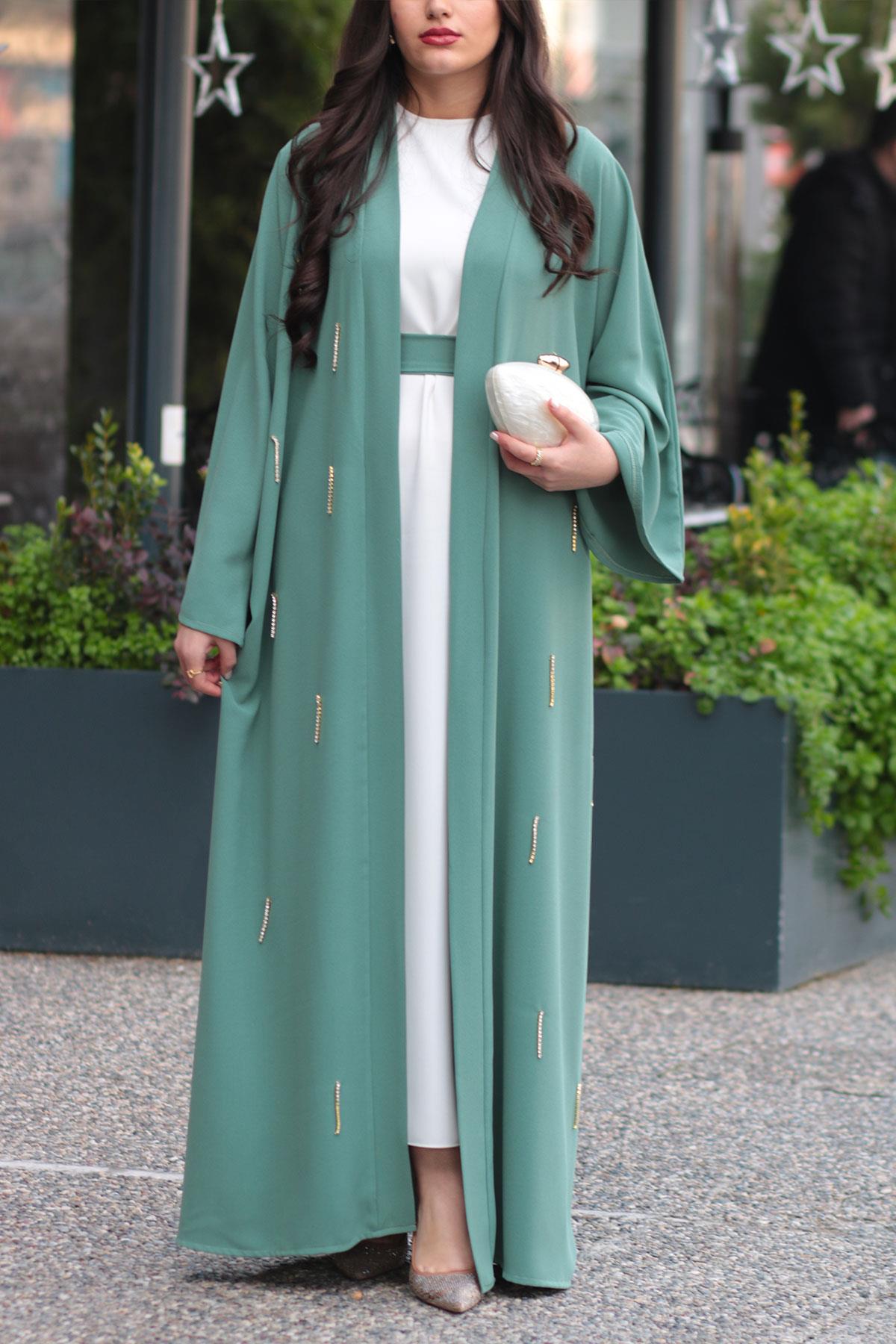 Mint Taşlı Abaya 