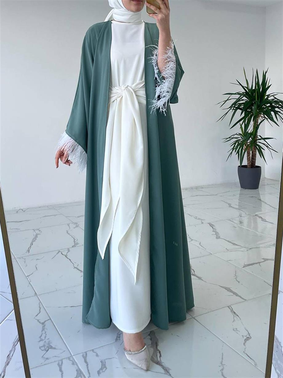 Mint Tüy Detaylı Abaya Takım