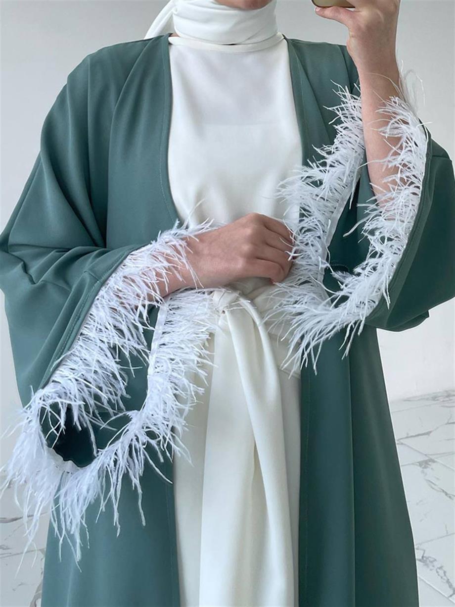 Mint Tüy Detaylı Abaya Takım