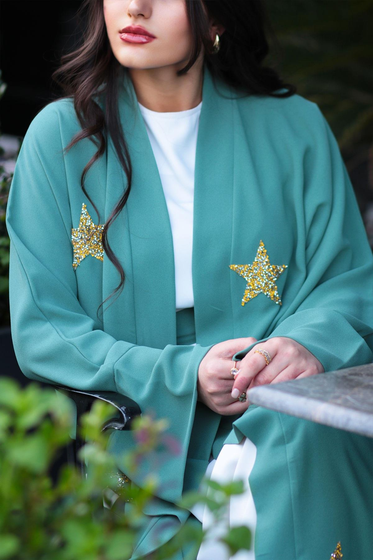 Mint Yıldız Detaylı Abaya 