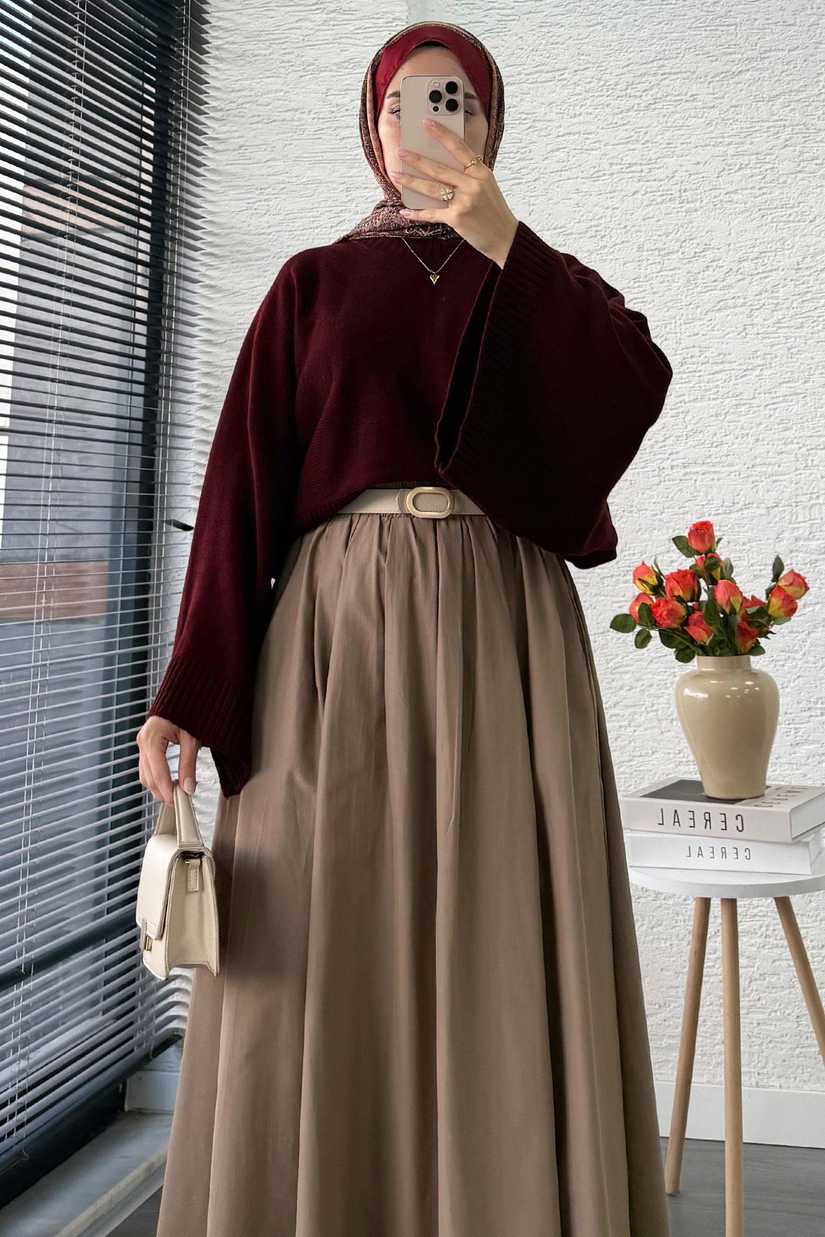 Nervür Detaylı Cepli Poplin Etek – Camel