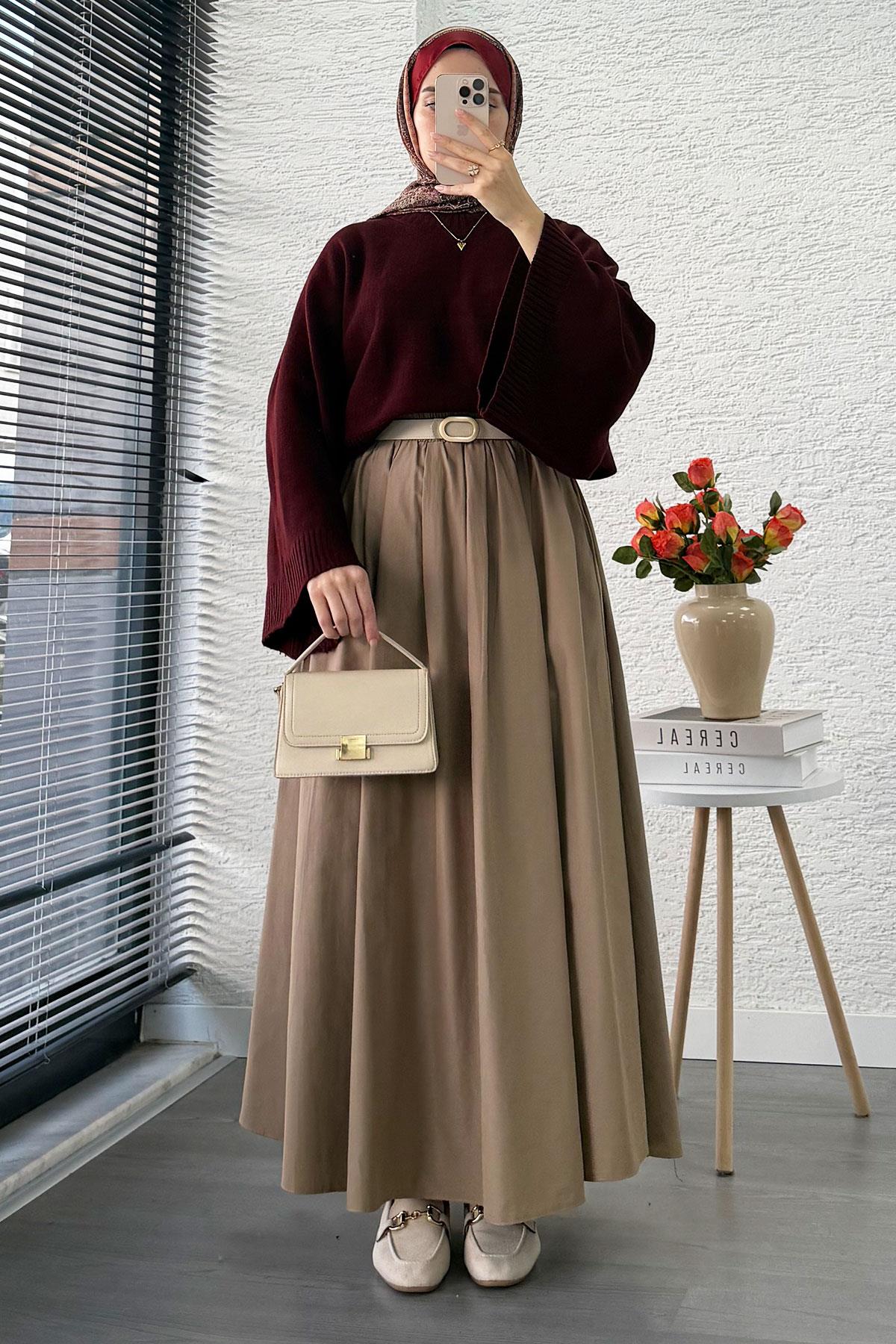 Nervür Detaylı Cepli Poplin Etek – Camel