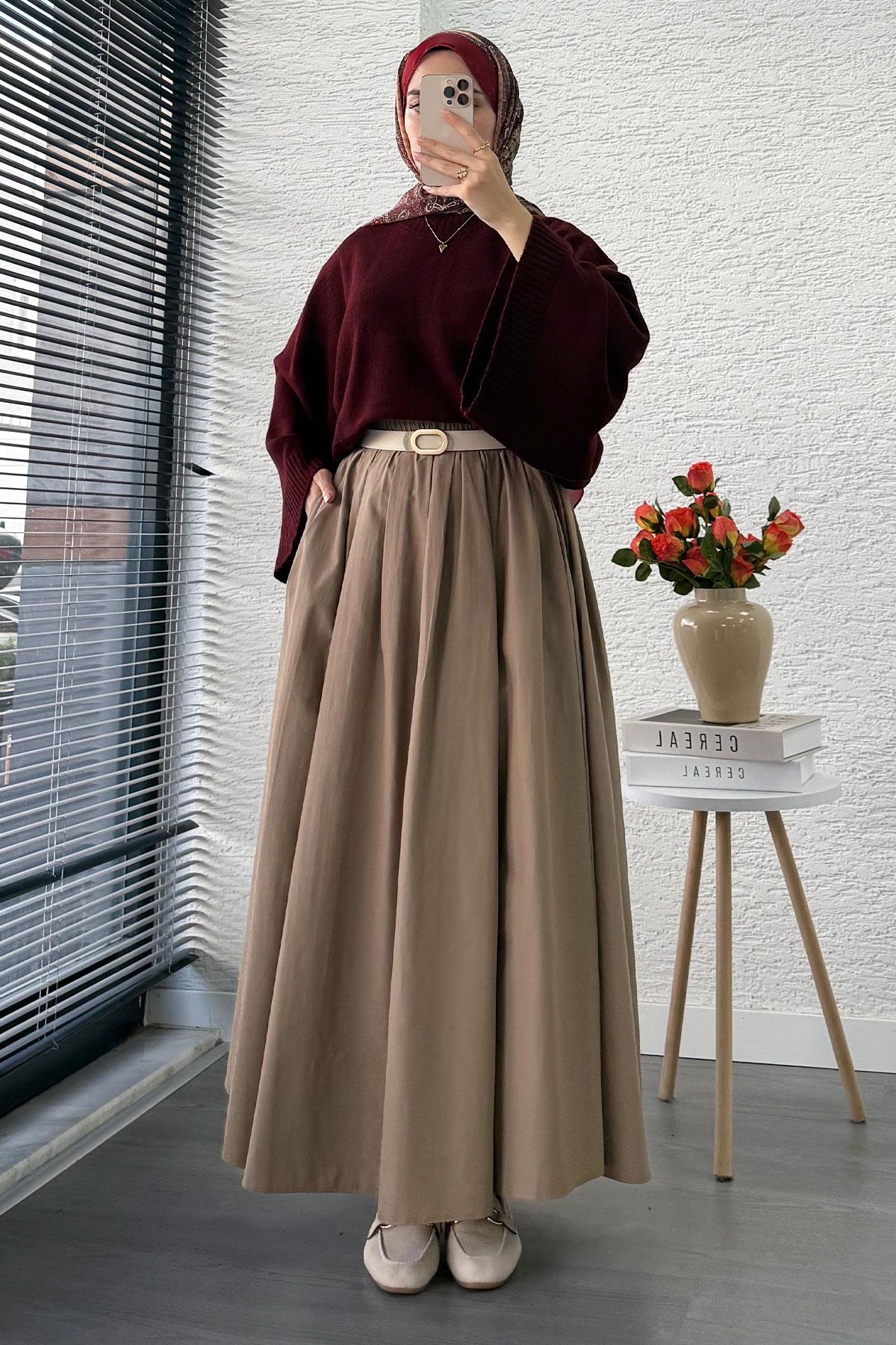 Nervür Detaylı Cepli Poplin Etek – Camel