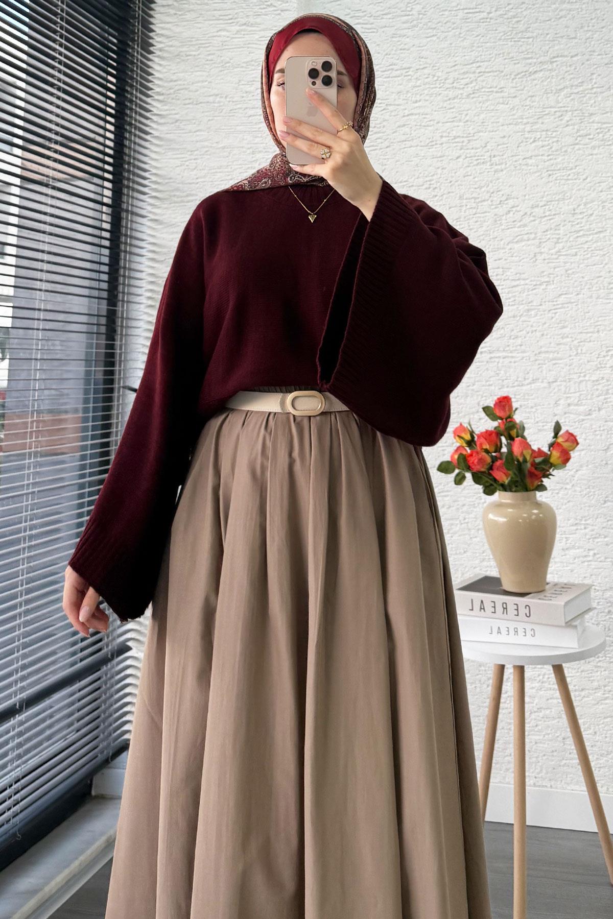 Nervür Detaylı Cepli Poplin Etek – Camel