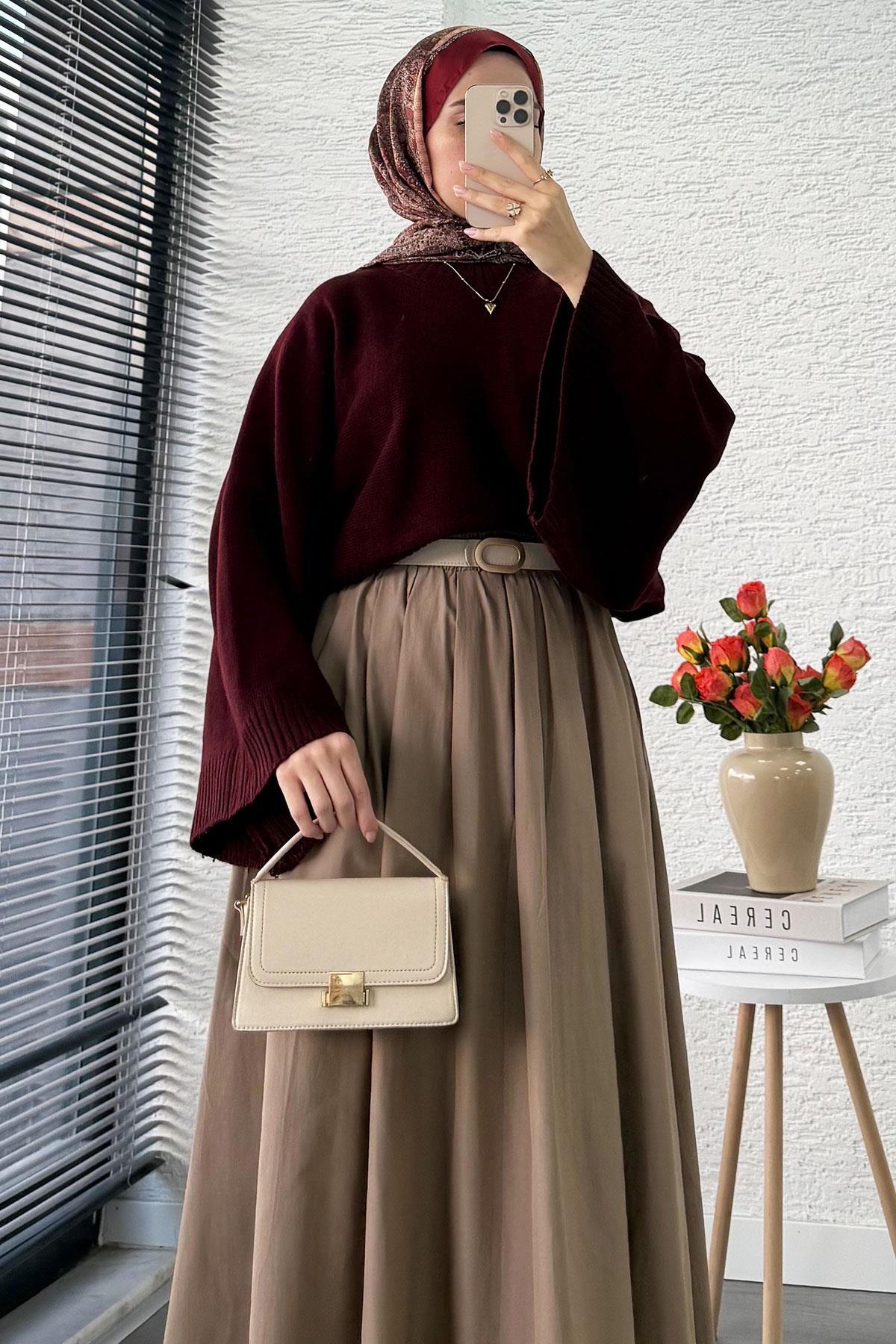 Nervür Detaylı Cepli Poplin Etek – Camel