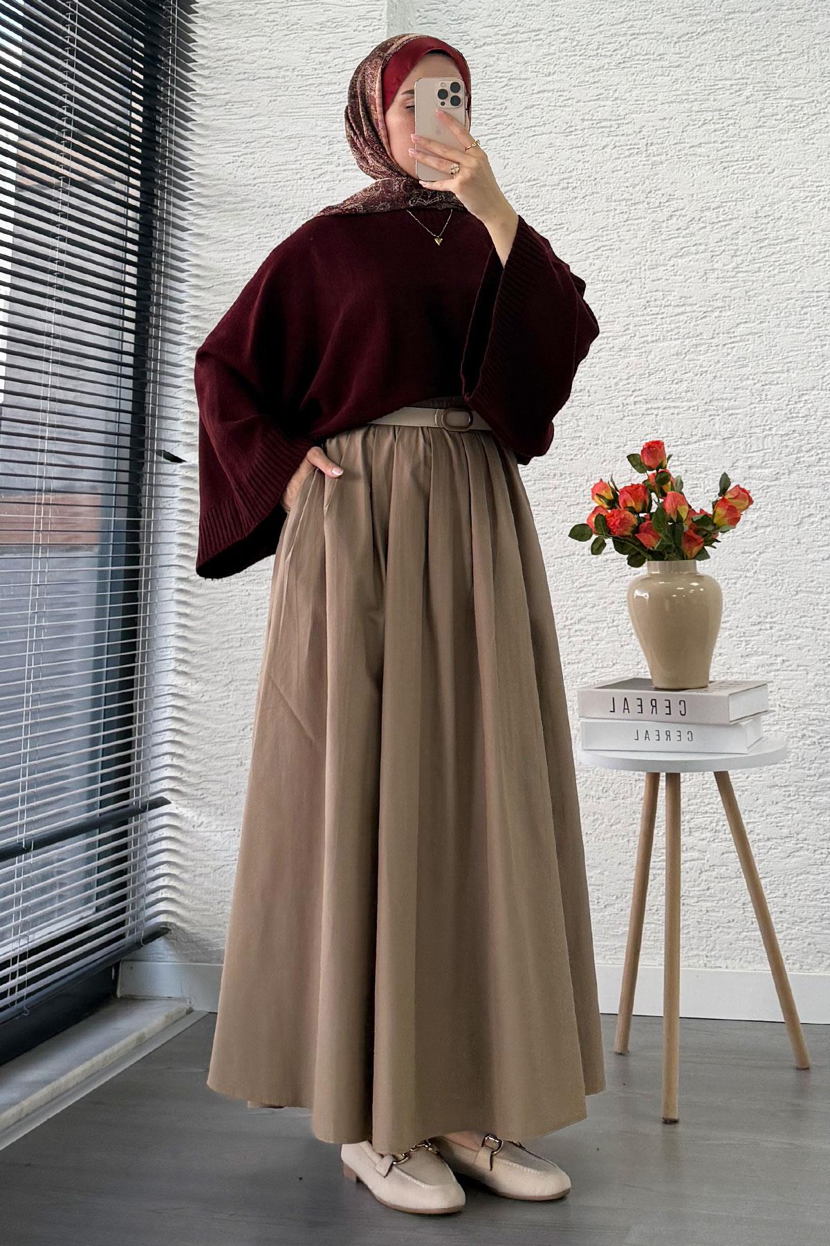 Nervür Detaylı Cepli Poplin Etek – Camel