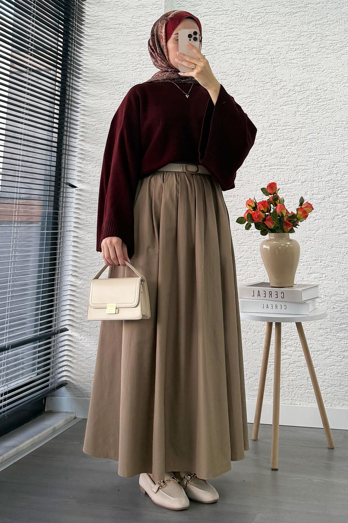 Nervür Detaylı Cepli Poplin Etek – Camel