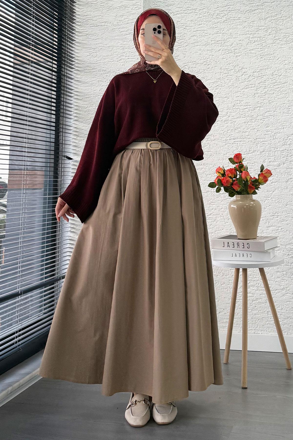 Nervür Detaylı Cepli Poplin Etek – Camel