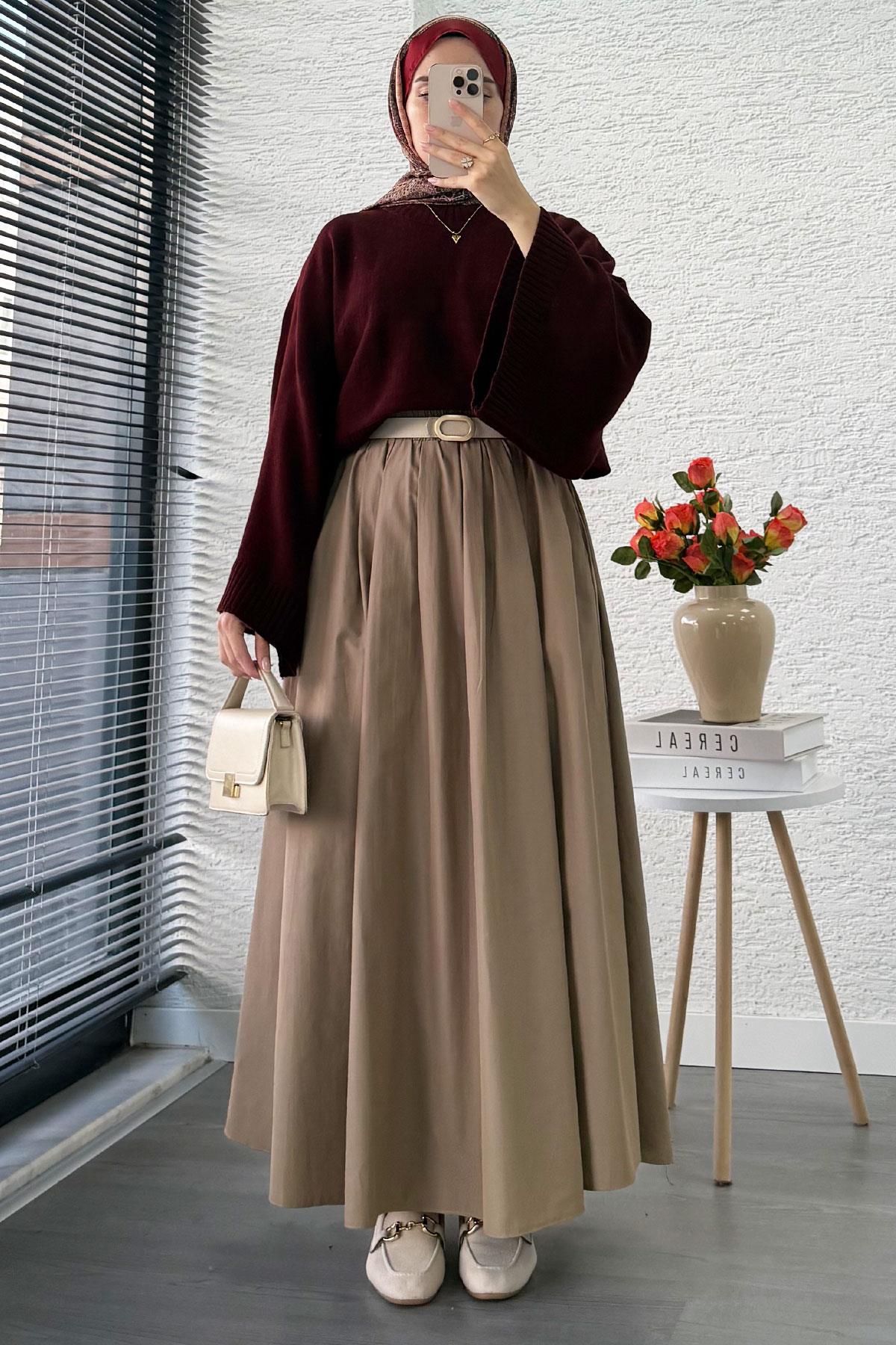 Nervür Detaylı Cepli Poplin Etek – Camel