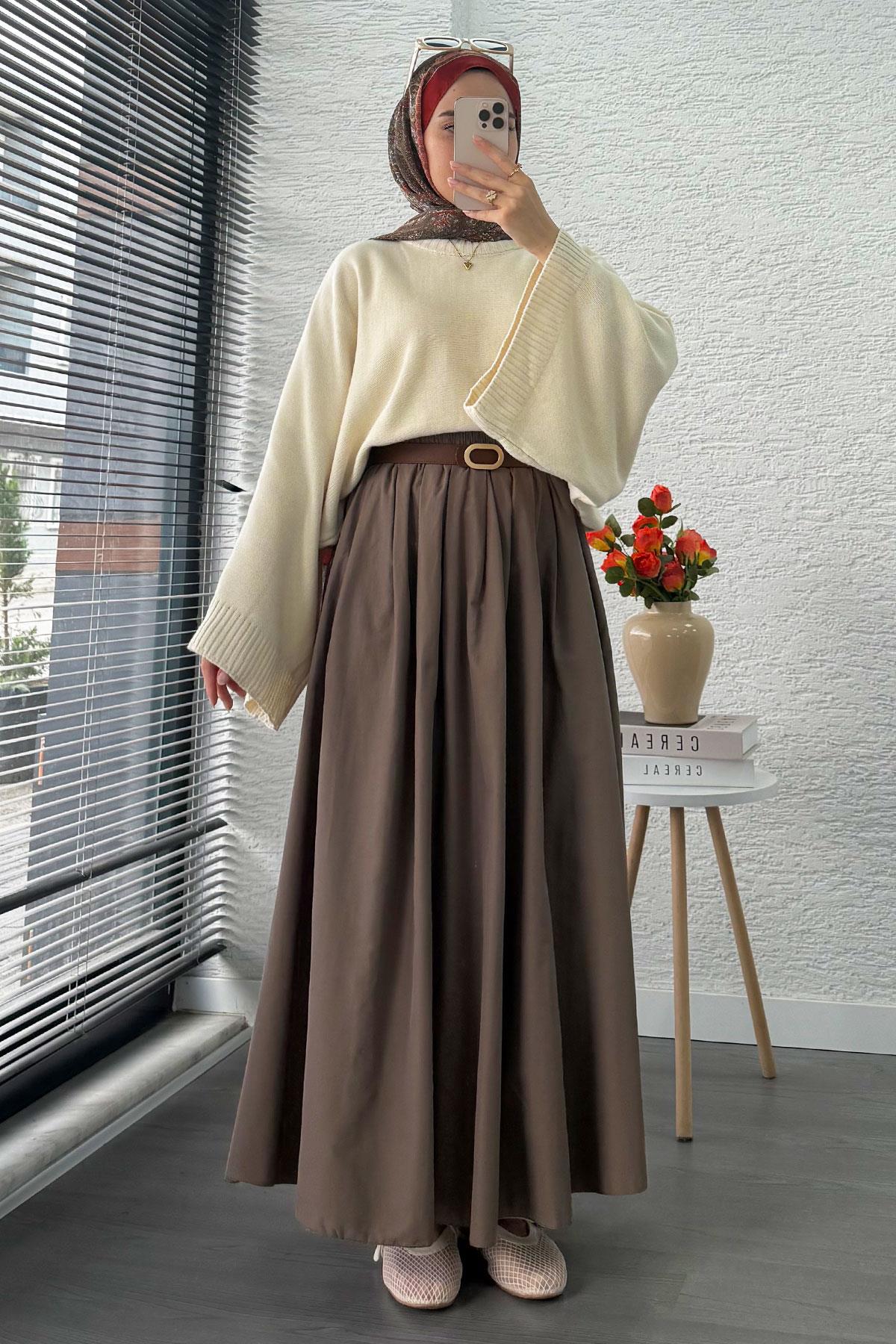 Nervür Detaylı Cepli Poplin Etek – Cappicino