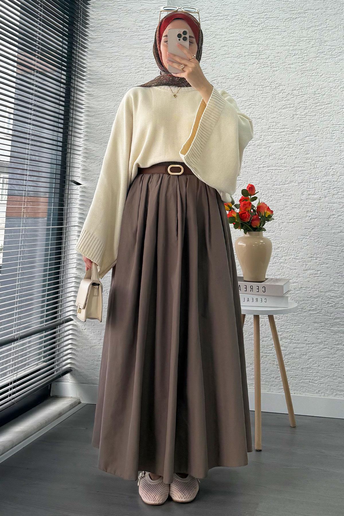 Nervür Detaylı Cepli Poplin Etek – Cappicino