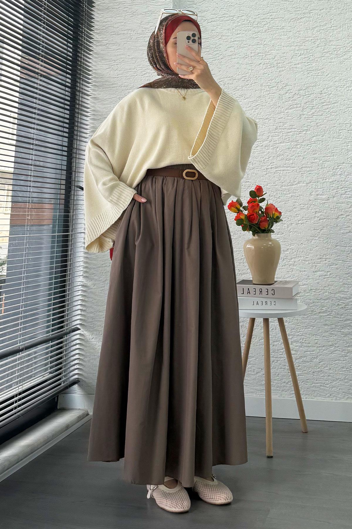 Nervür Detaylı Cepli Poplin Etek – Cappicino