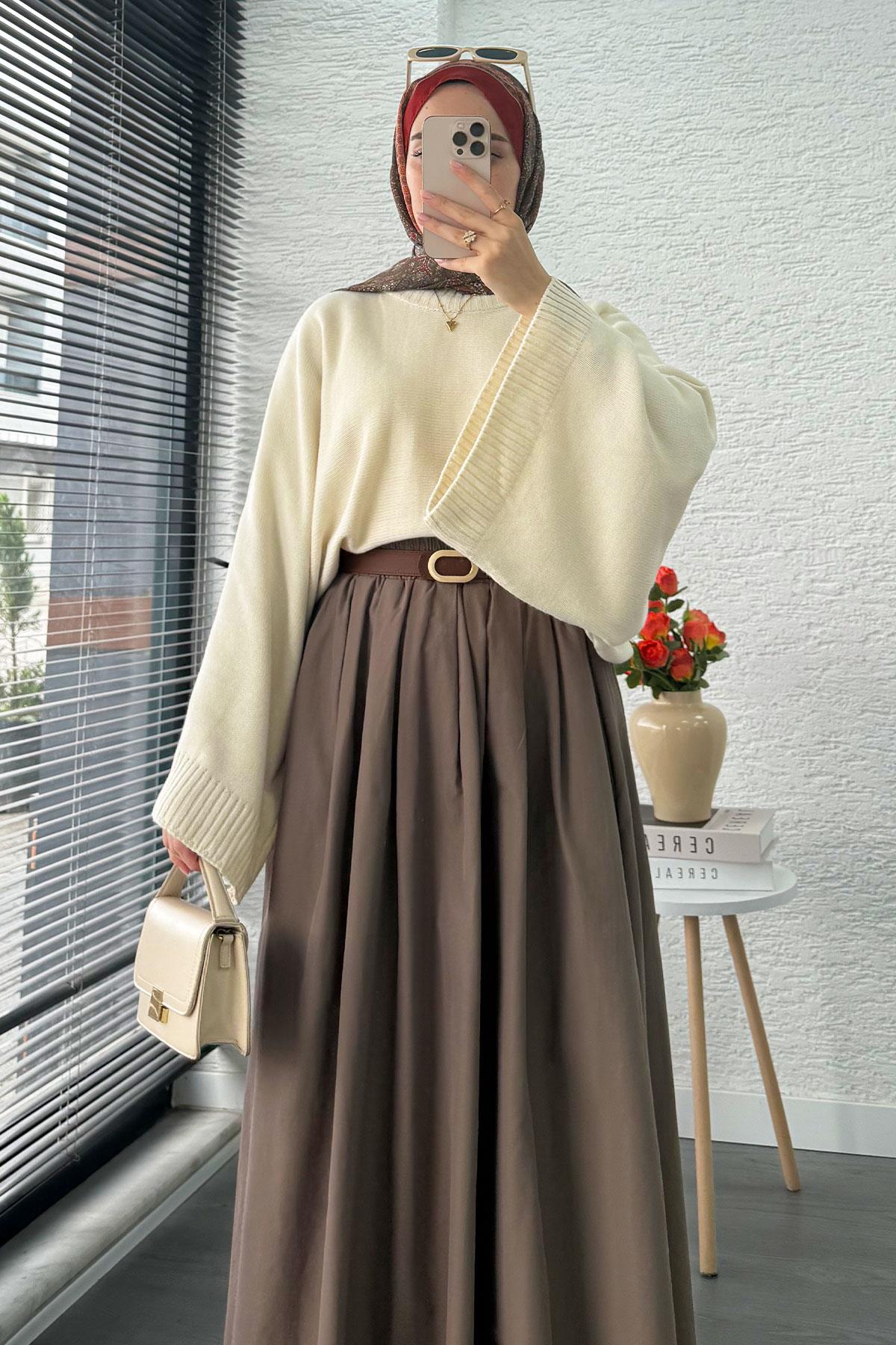 Nervür Detaylı Cepli Poplin Etek – Cappicino