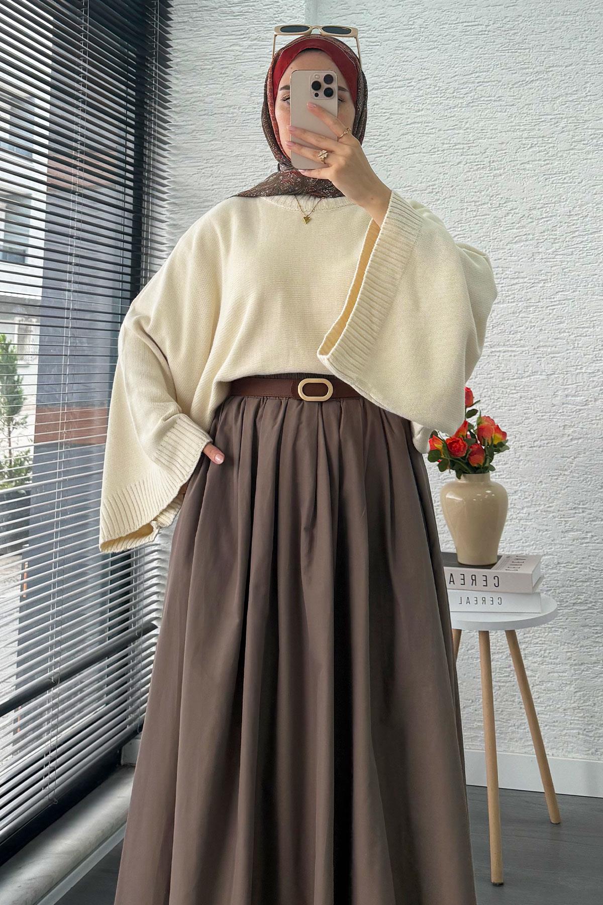 Nervür Detaylı Cepli Poplin Etek – Cappicino