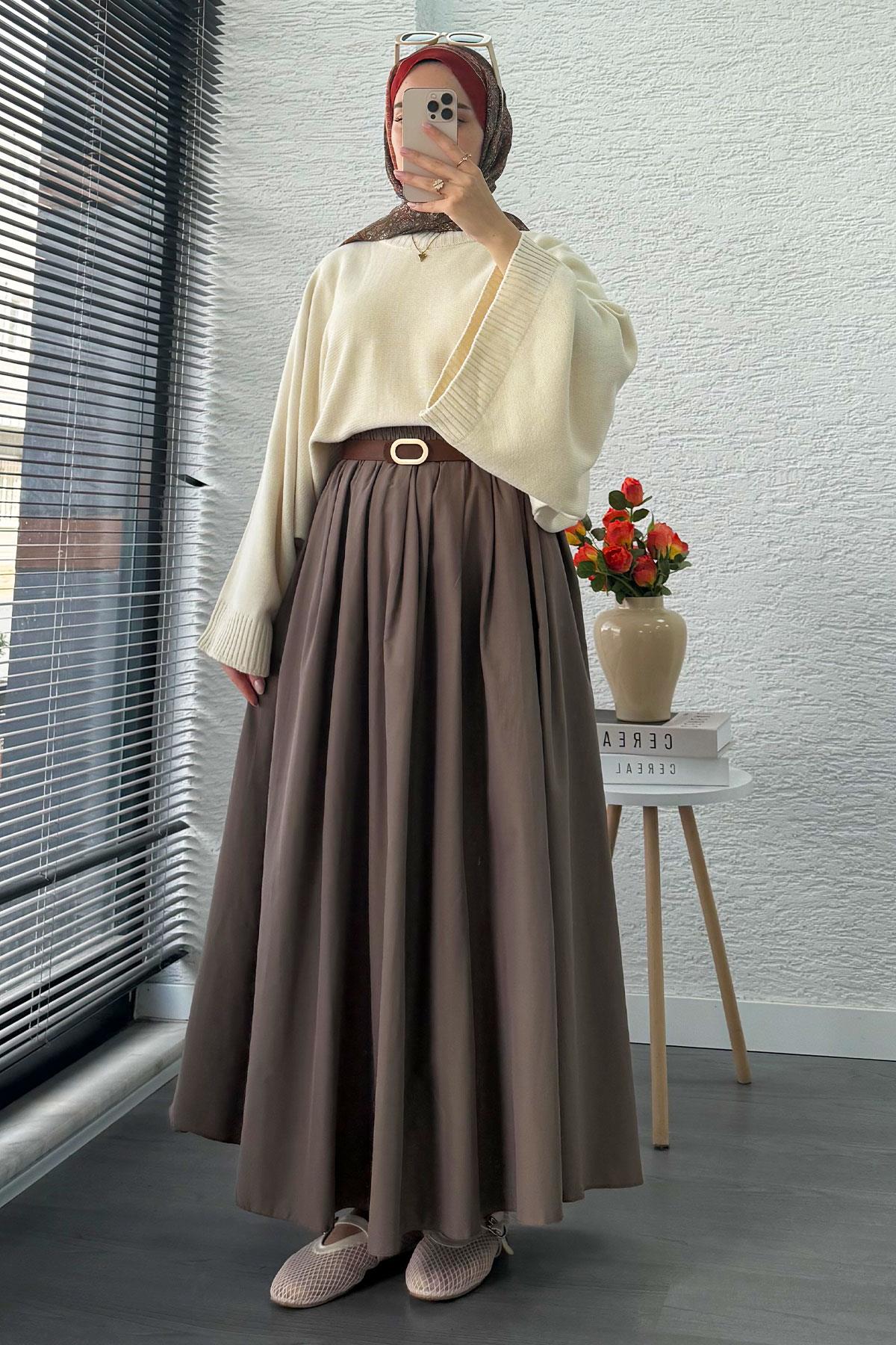 Nervür Detaylı Cepli Poplin Etek – Cappicino