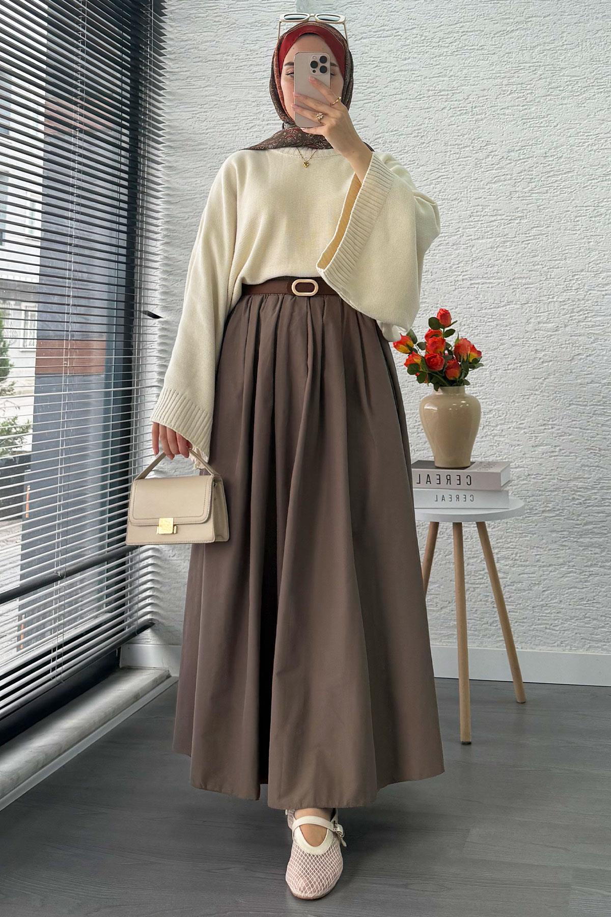Nervür Detaylı Cepli Poplin Etek – Cappicino