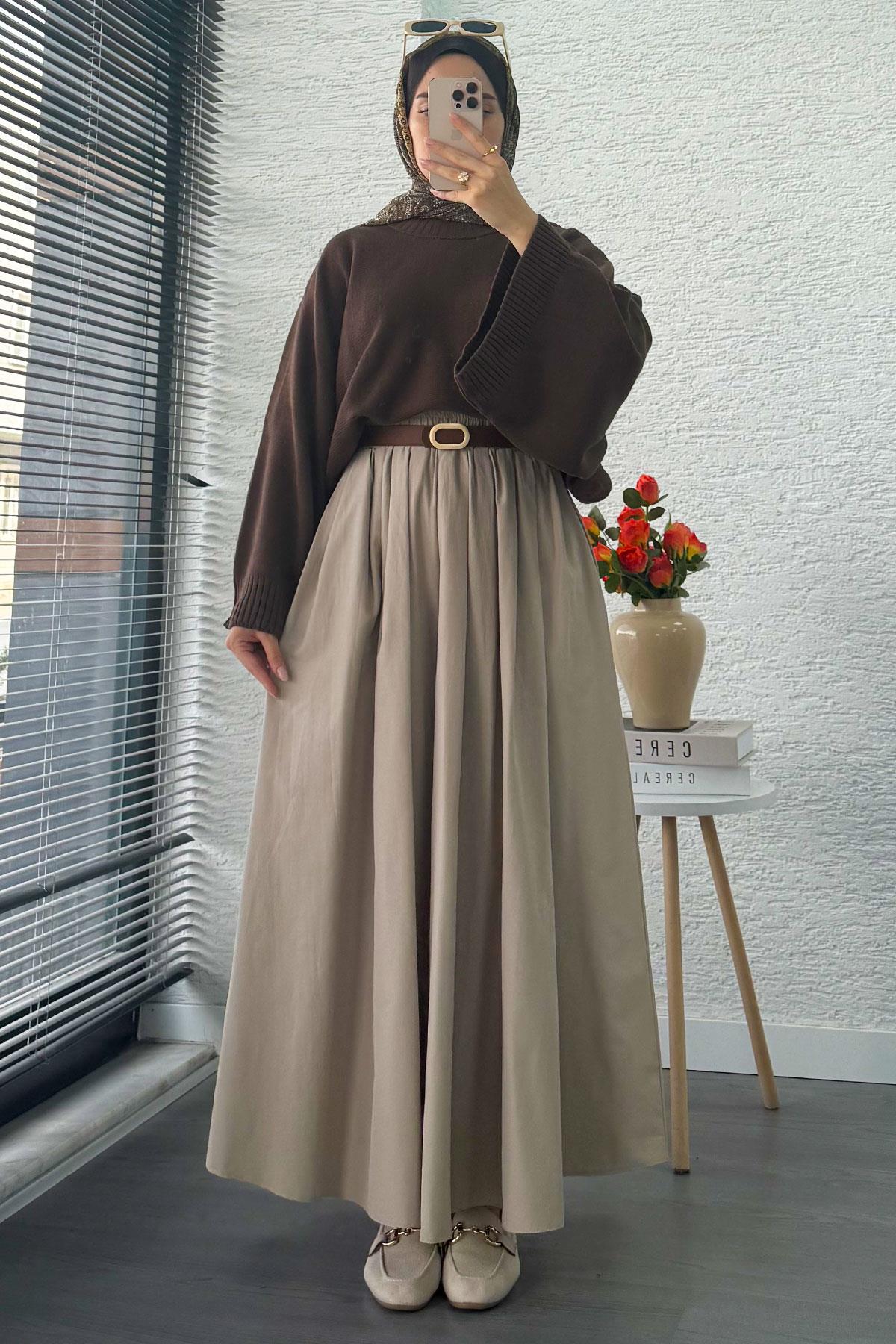 Nervür Detaylı Cepli Poplin Etek – Taş