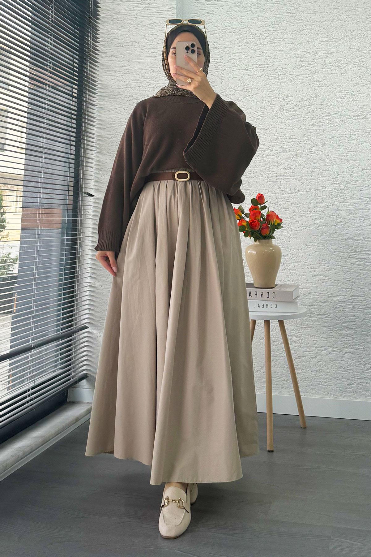Nervür Detaylı Cepli Poplin Etek – Taş
