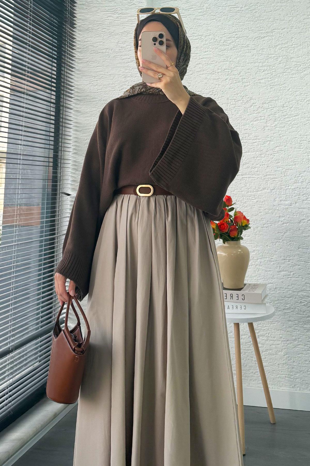 Nervür Detaylı Cepli Poplin Etek – Taş