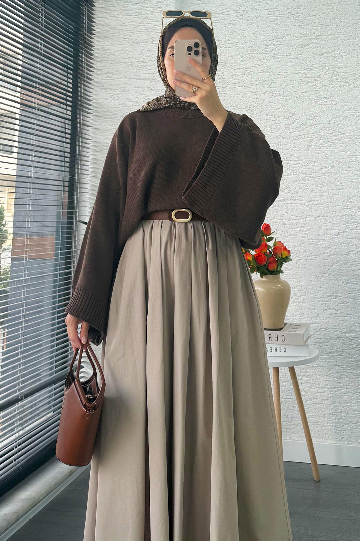 Nervür Detaylı Cepli Poplin Etek – Taş