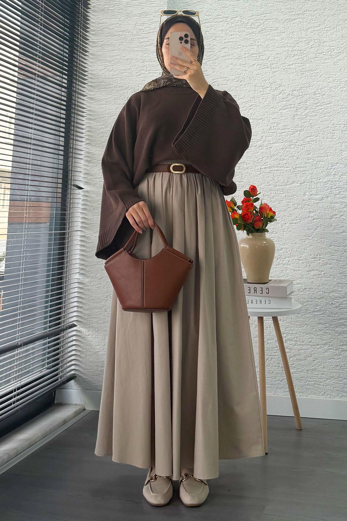 Nervür Detaylı Cepli Poplin Etek – Taş