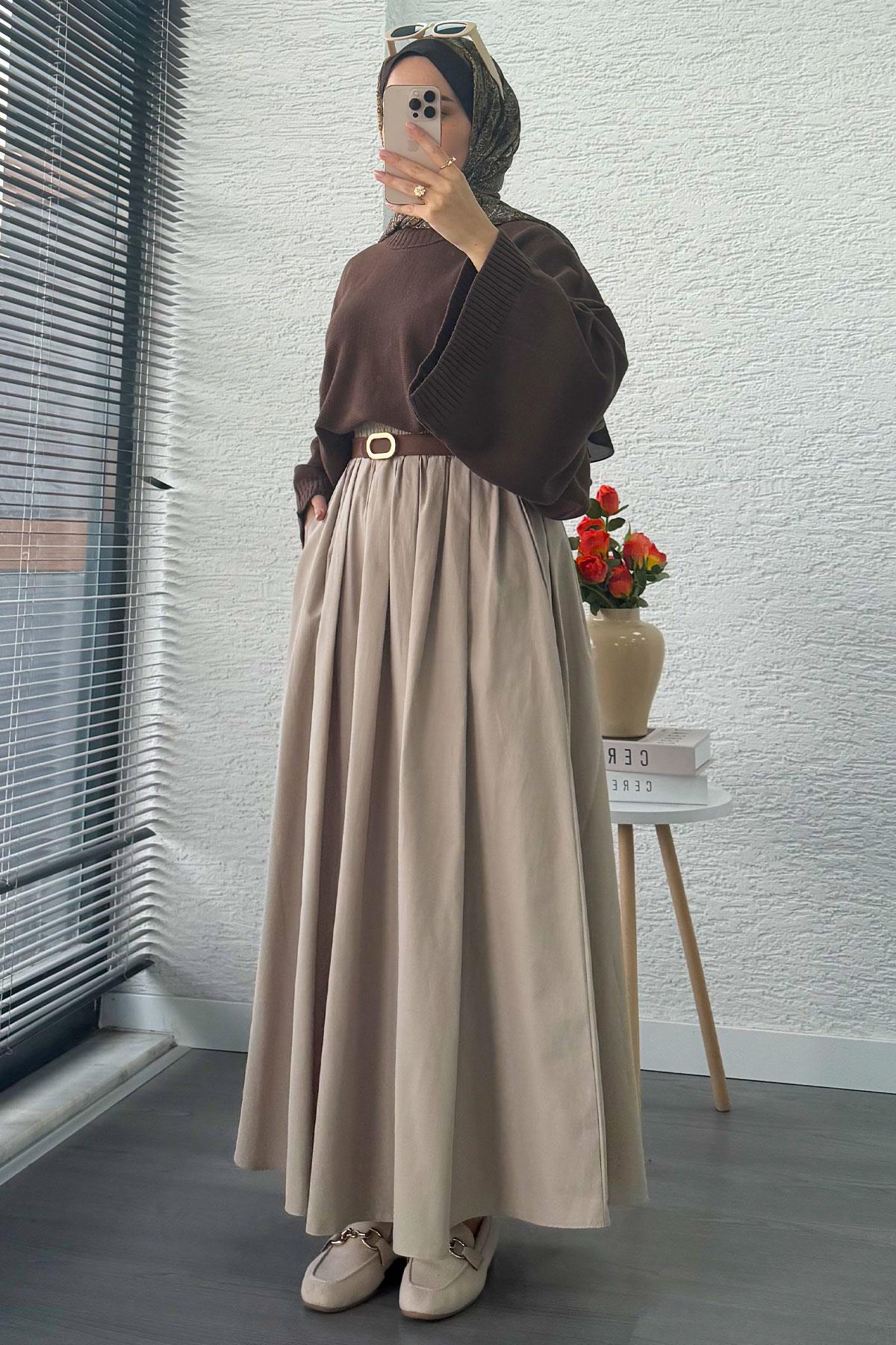 Nervür Detaylı Cepli Poplin Etek – Taş