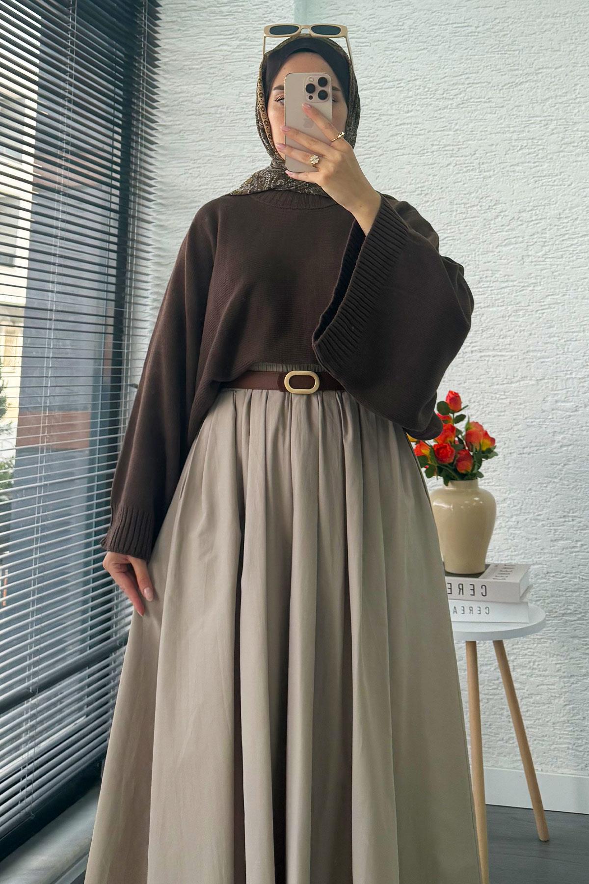 Nervür Detaylı Cepli Poplin Etek – Taş
