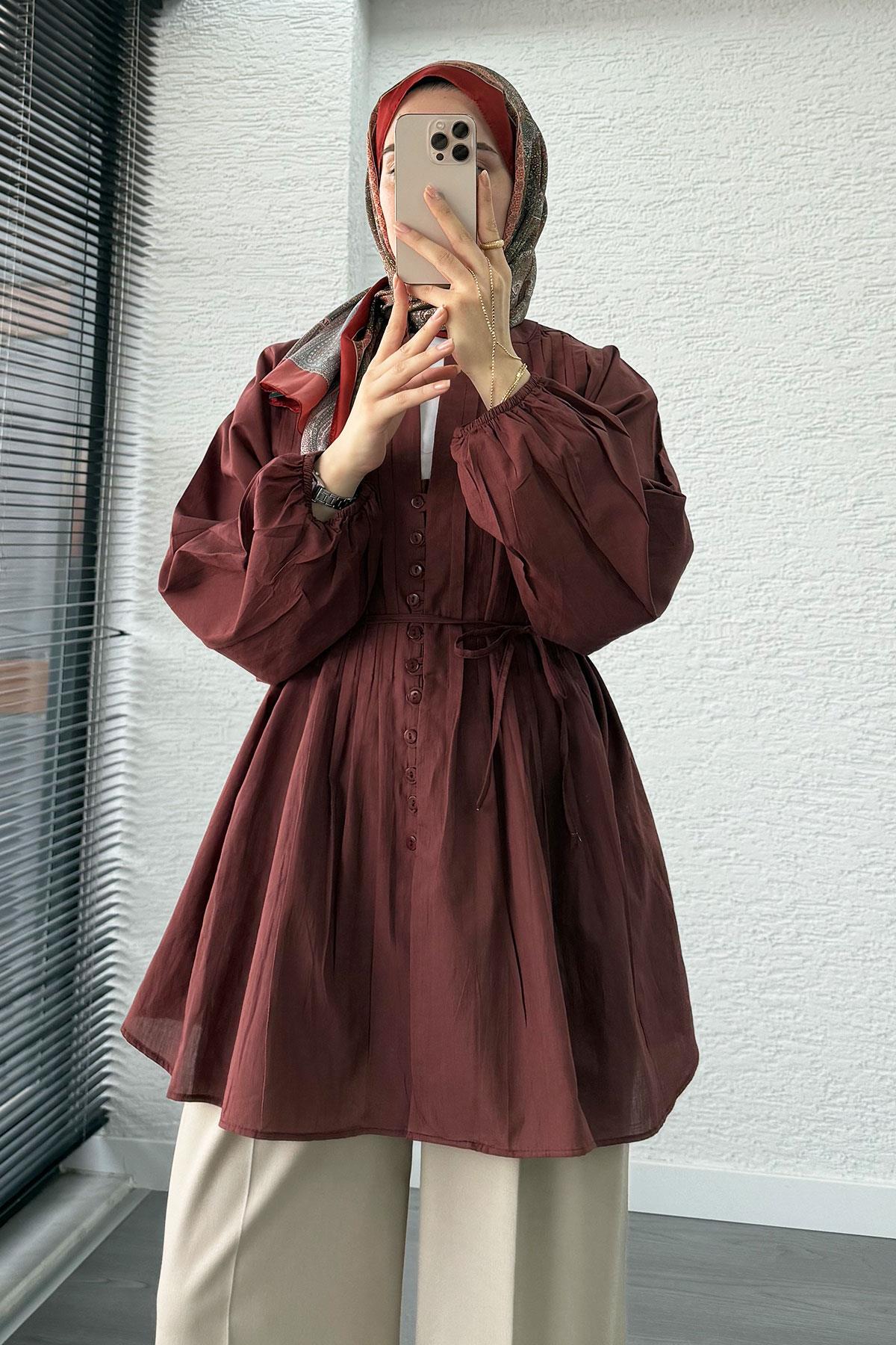 Nervür Detaylı Vual Tunik -Bordo