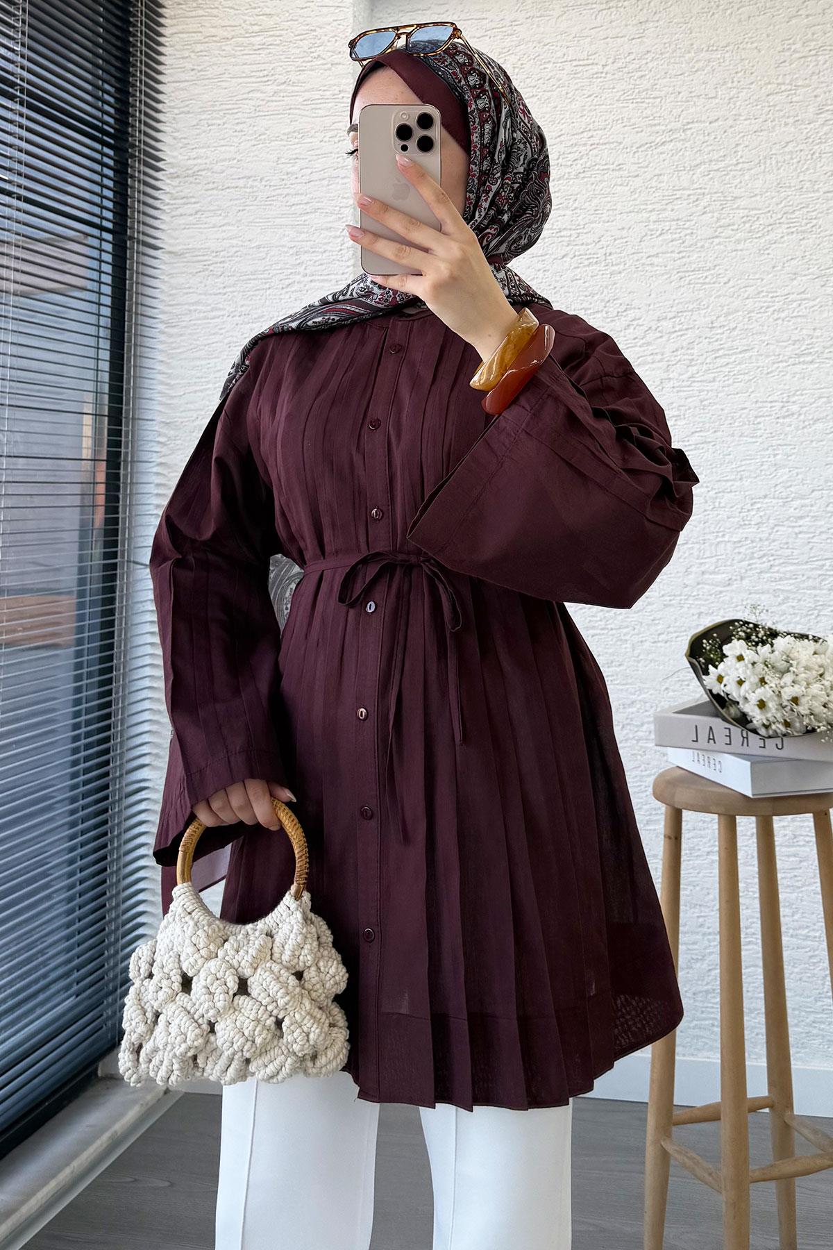 Nervürlü Geniş Kollu Vual Tunik - Bordo
