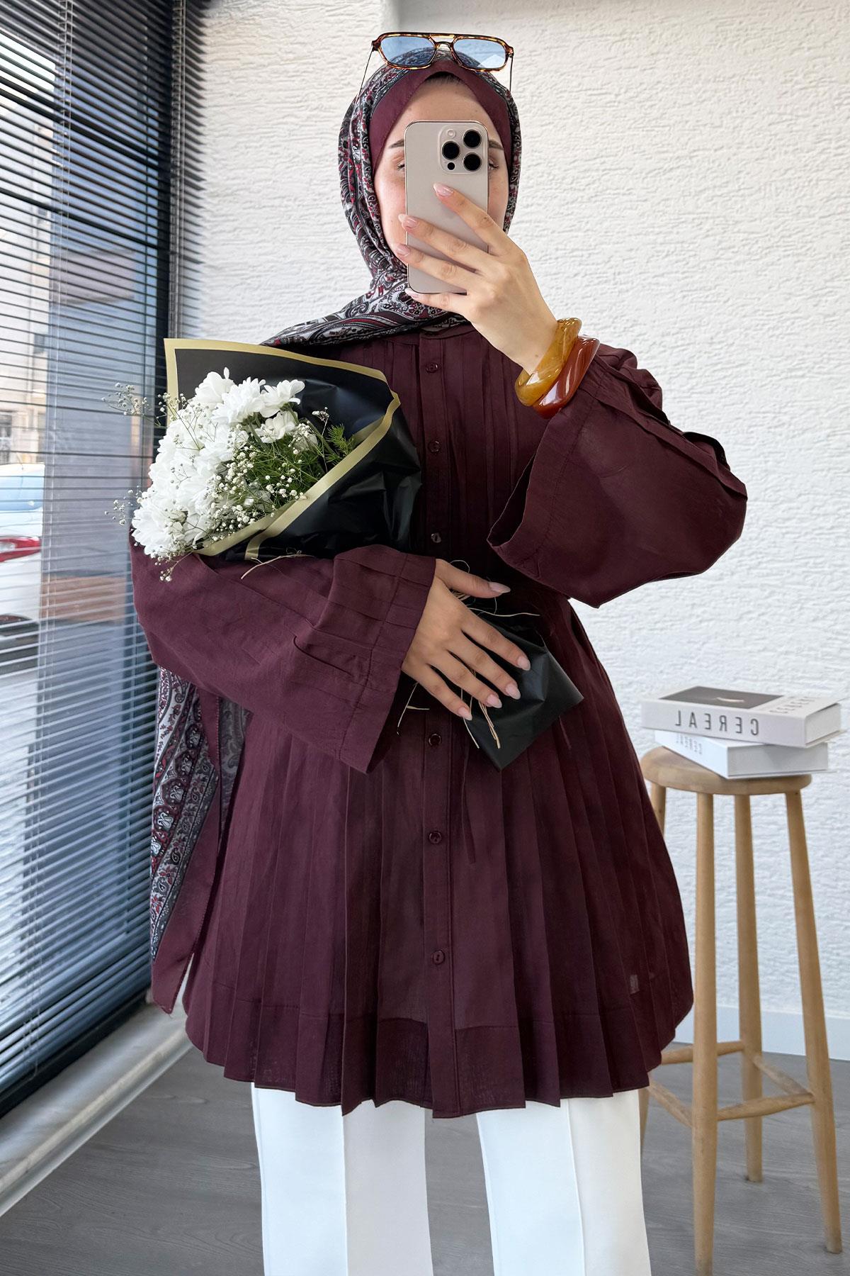 Nervürlü Geniş Kollu Vual Tunik - Bordo