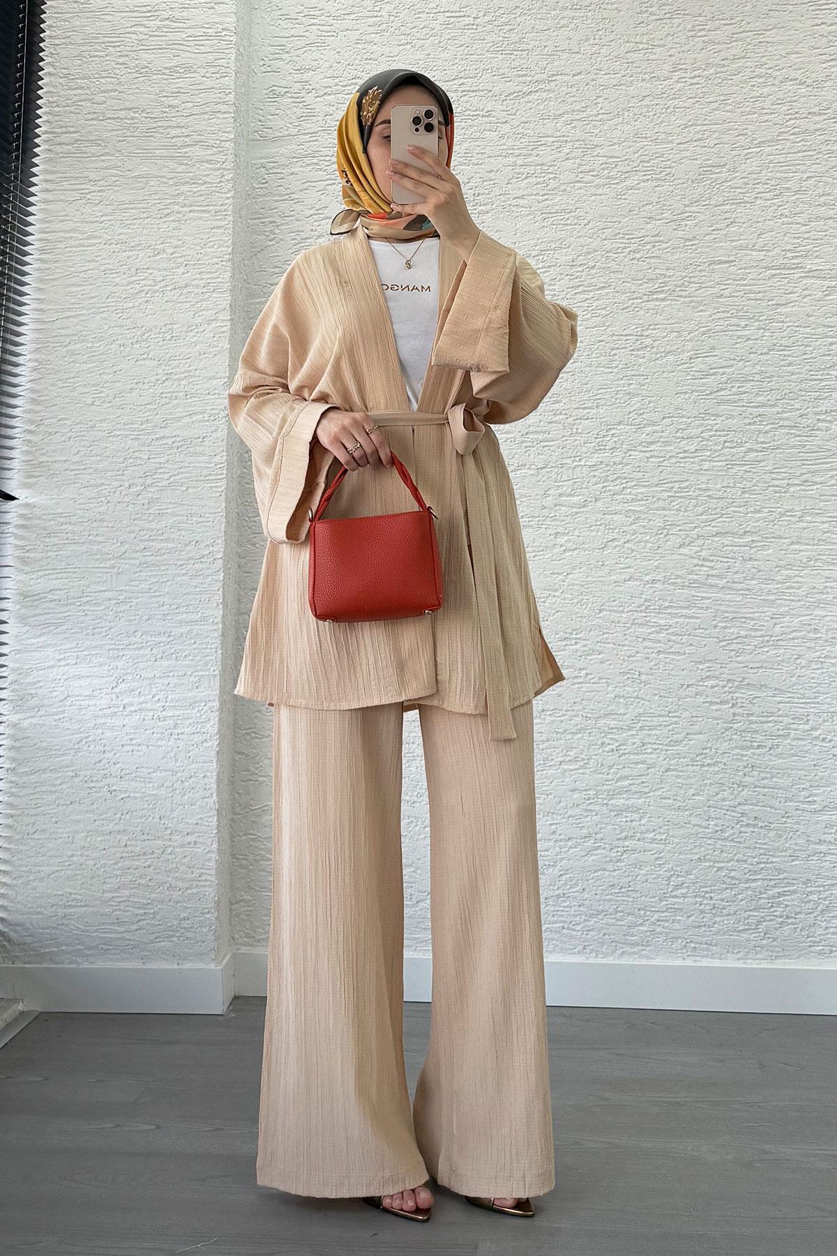 Nihan Kimono Pantolon Takım-Krem