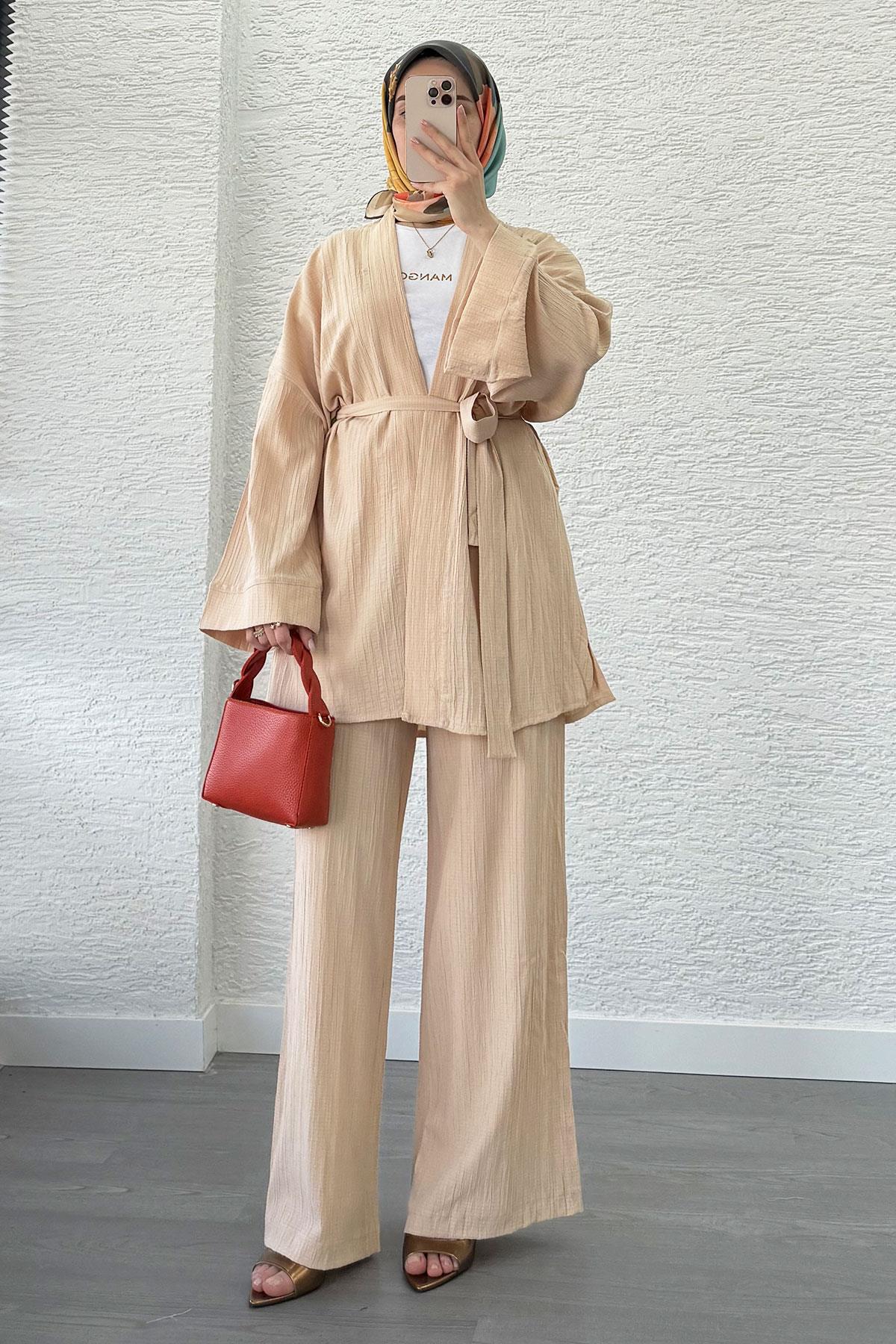Nihan Kimono Pantolon Takım-Krem