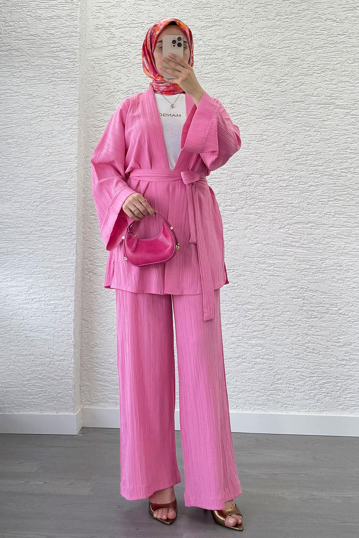 Nihan Kimono Pantolon Takım-Pembe