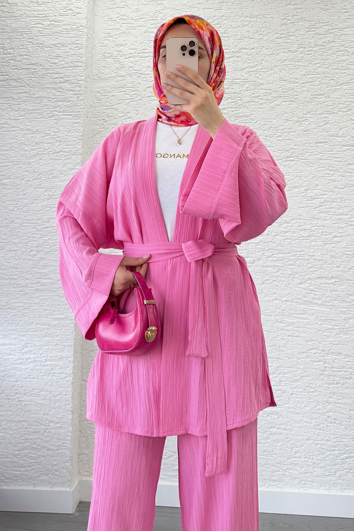 Nihan Kimono Pantolon Takım-Pembe