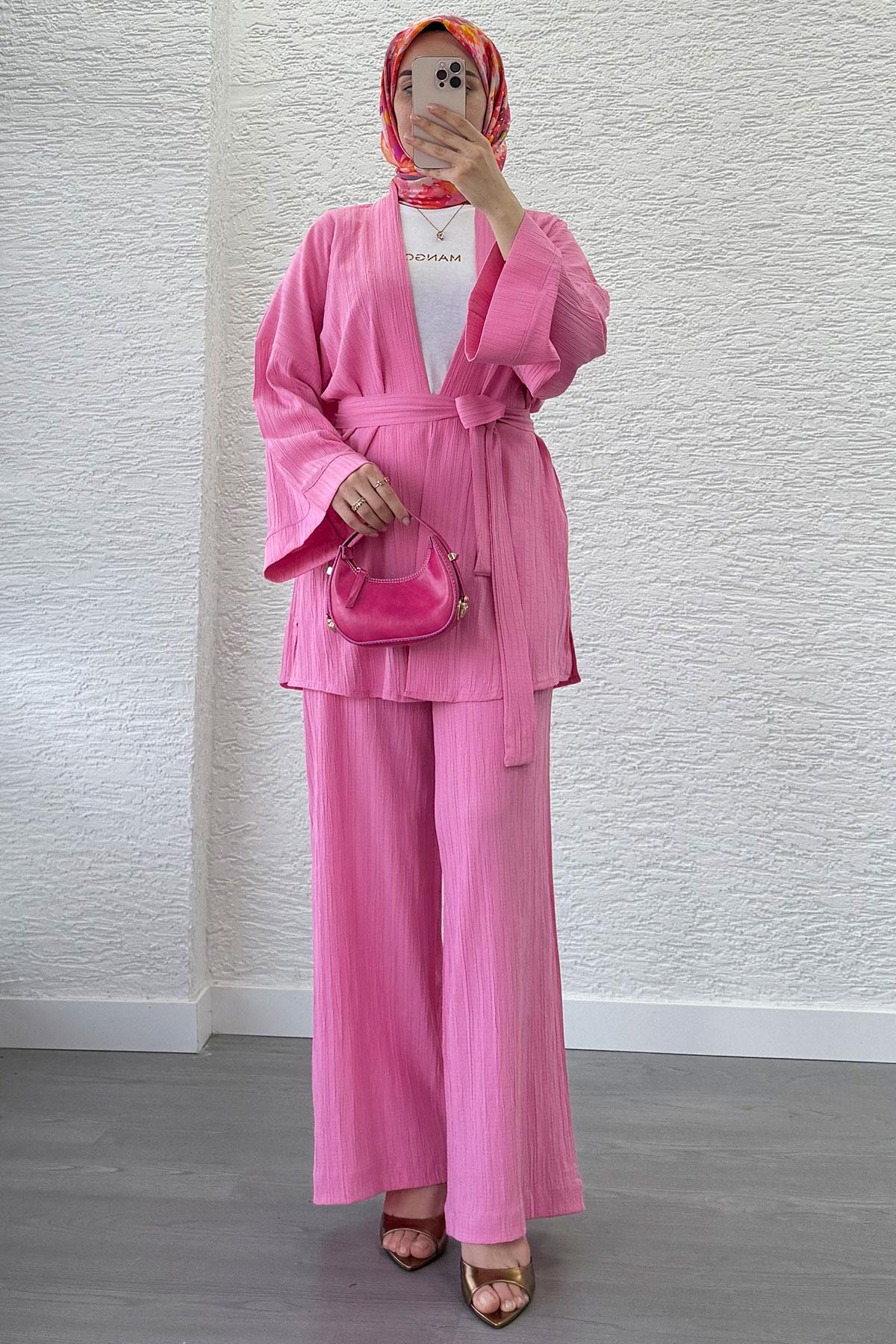 Nihan Kimono Pantolon Takım-Pembe