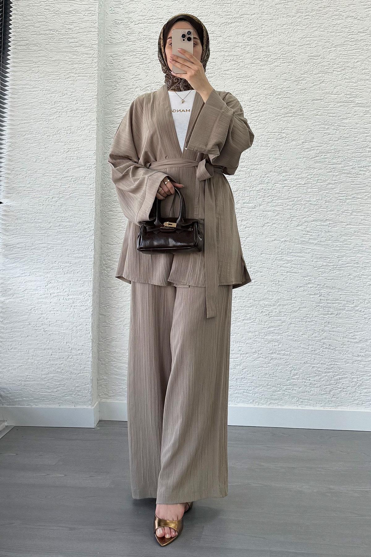 Nihan Kimono Pantolon Takım-Vizon