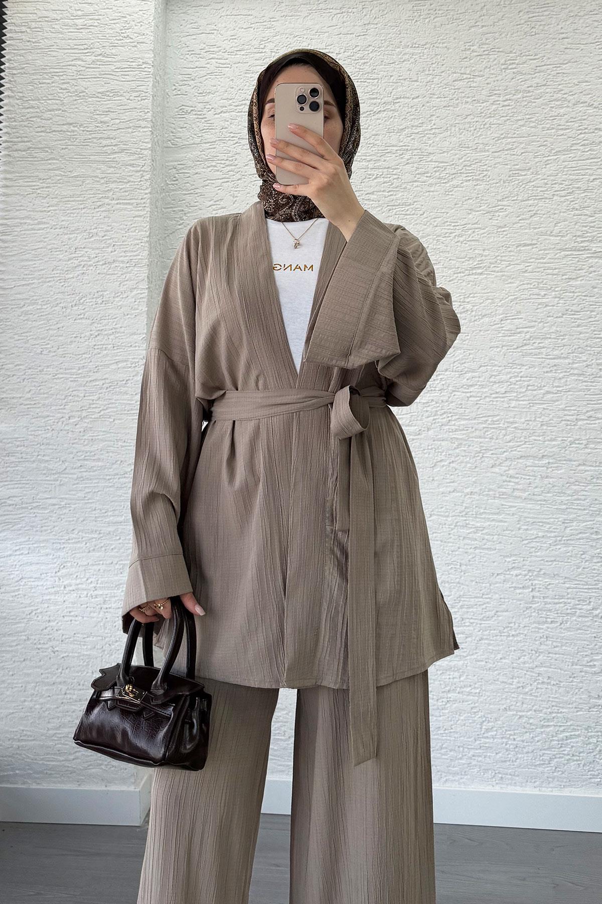 Nihan Kimono Pantolon Takım-Vizon