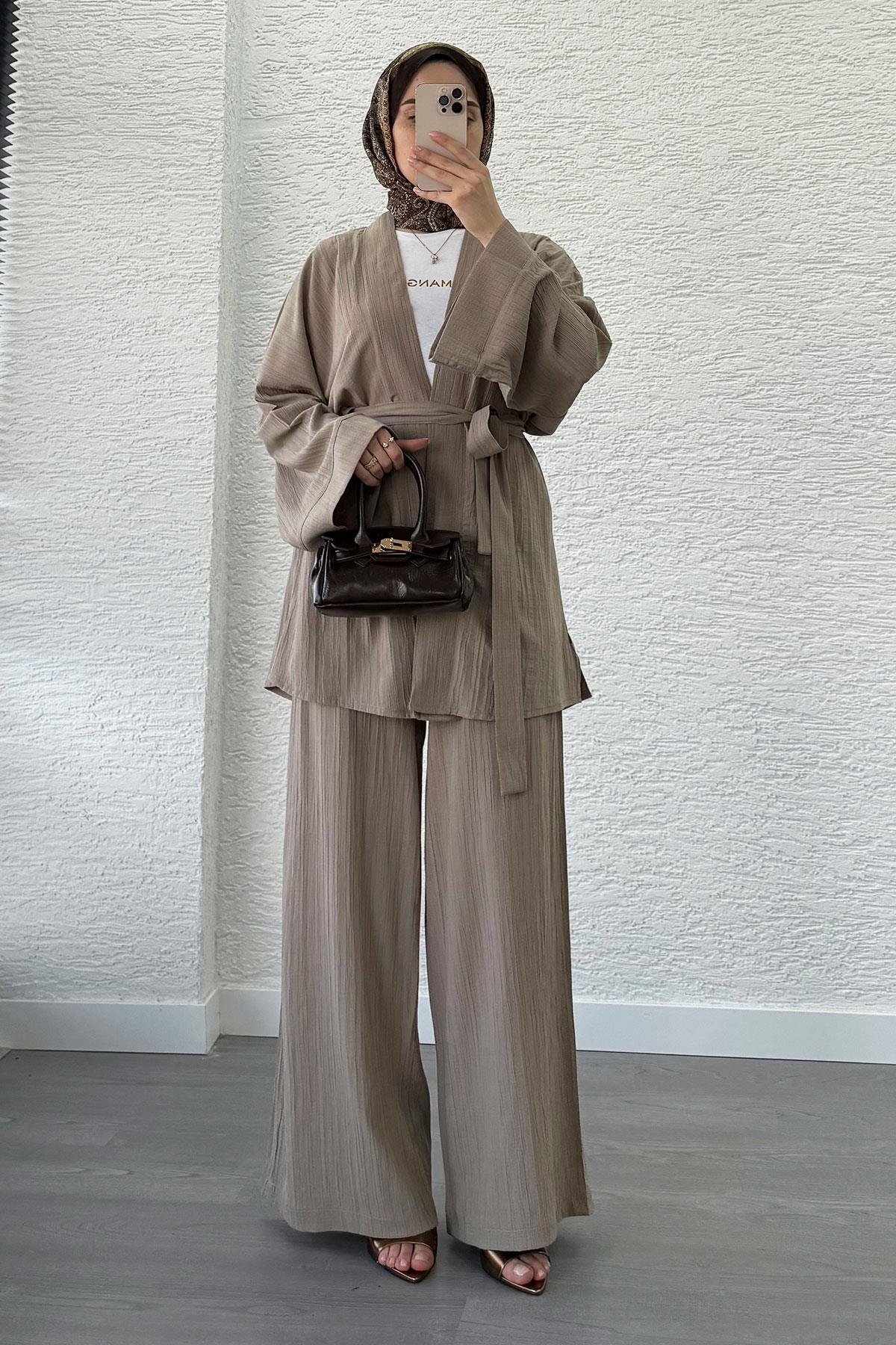 Nihan Kimono Pantolon Takım-Vizon