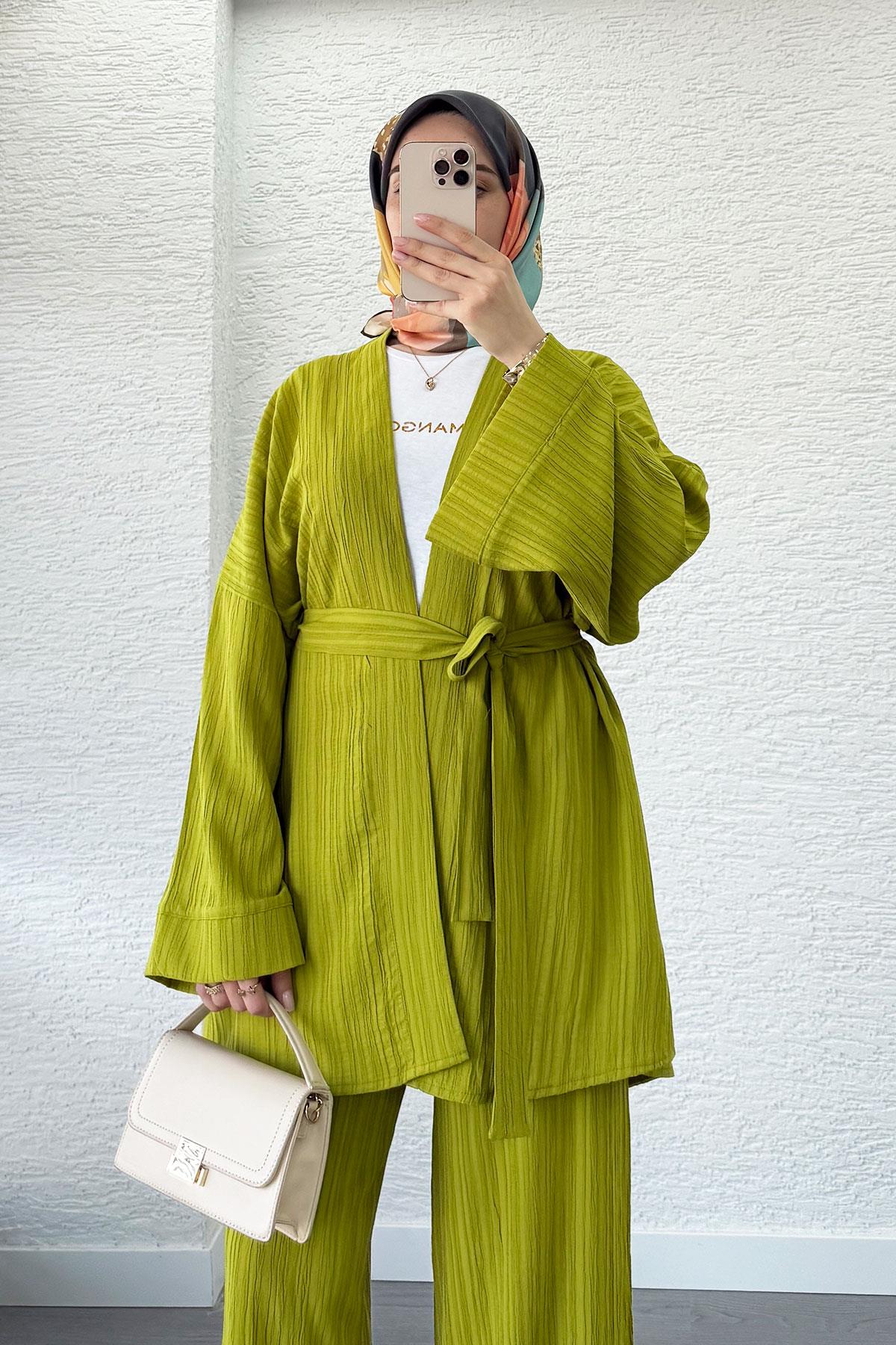 Nihan Kimono Pantolon Takım-Yağ Yeşili