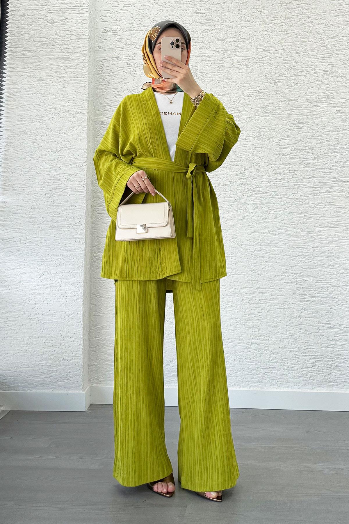 Nihan Kimono Pantolon Takım-Yağ Yeşili