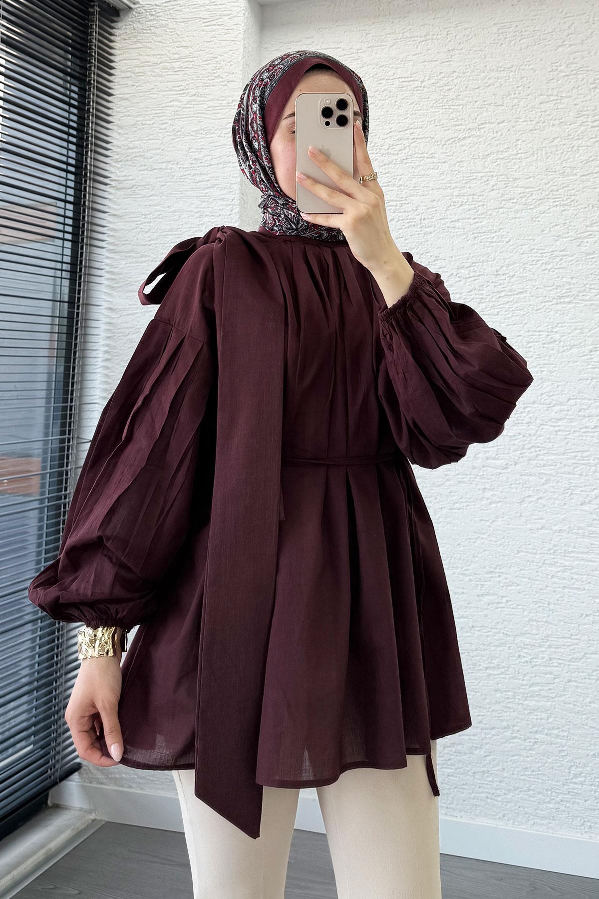 Omuzdan Bağlamalı Pileli Vual Tunik – Mürdüm