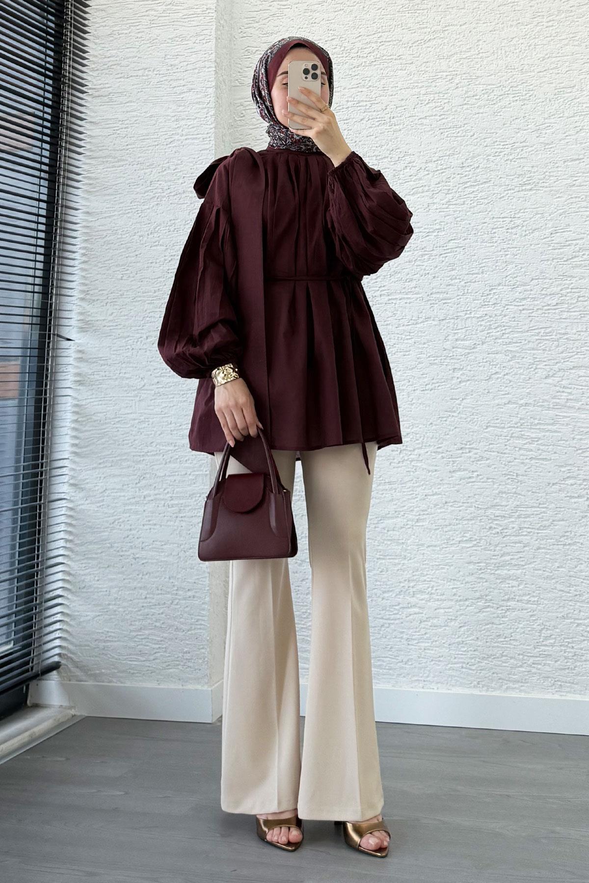 Omuzdan Bağlamalı Pileli Vual Tunik – Mürdüm