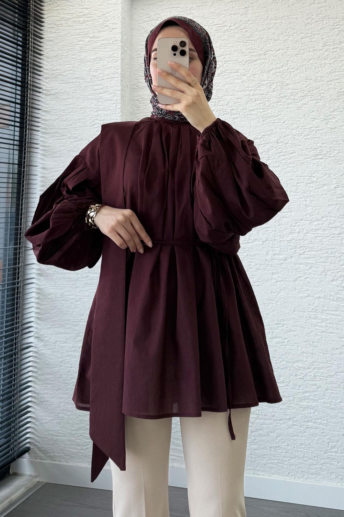 Omuzdan Bağlamalı Pileli Vual Tunik – Mürdüm