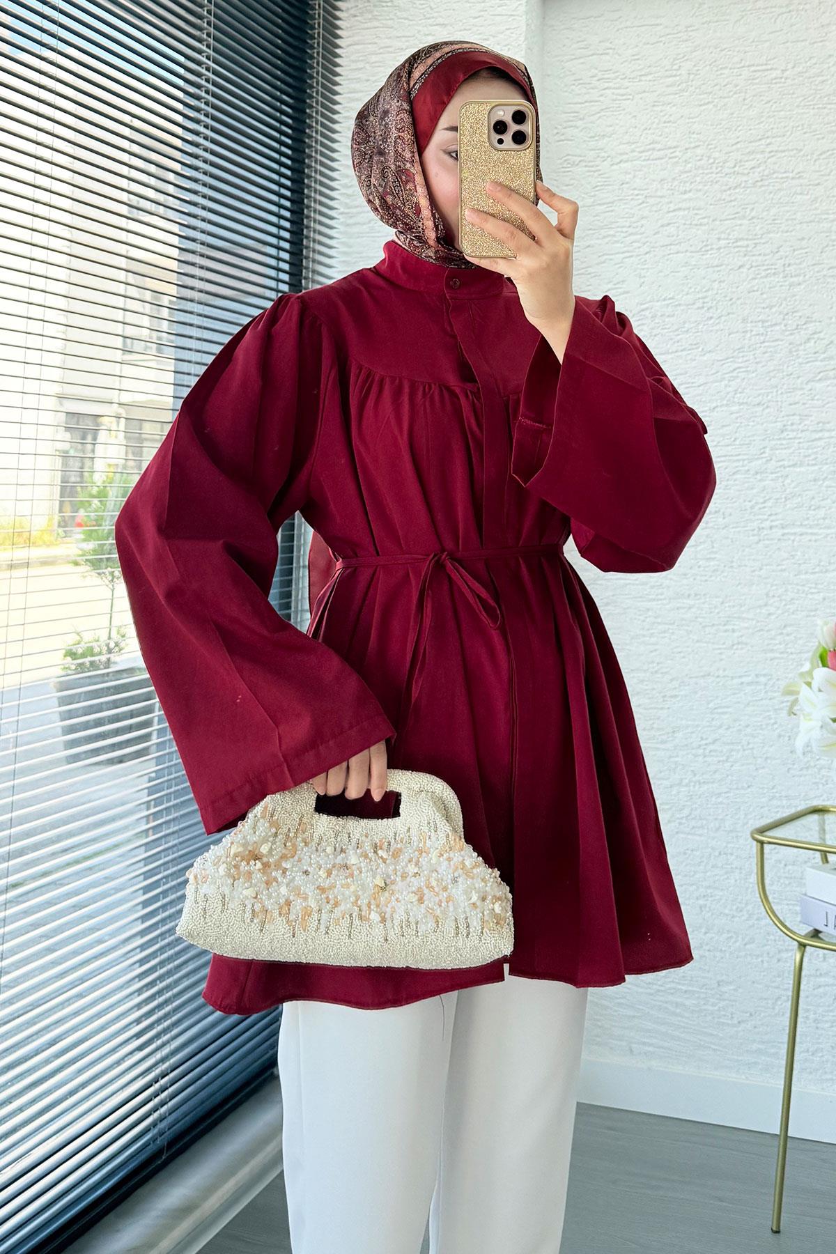 Ön Arka Büzgü Detaylı Volan Kol Poplin Tunik – Bordo